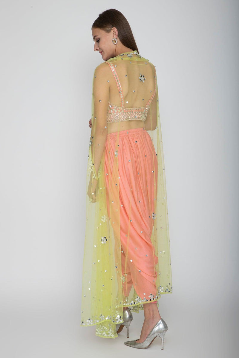 Blush Pink Embroidered Blouse With Dhoti Pants & Lime Yellow Cape - Preeti s kapoor