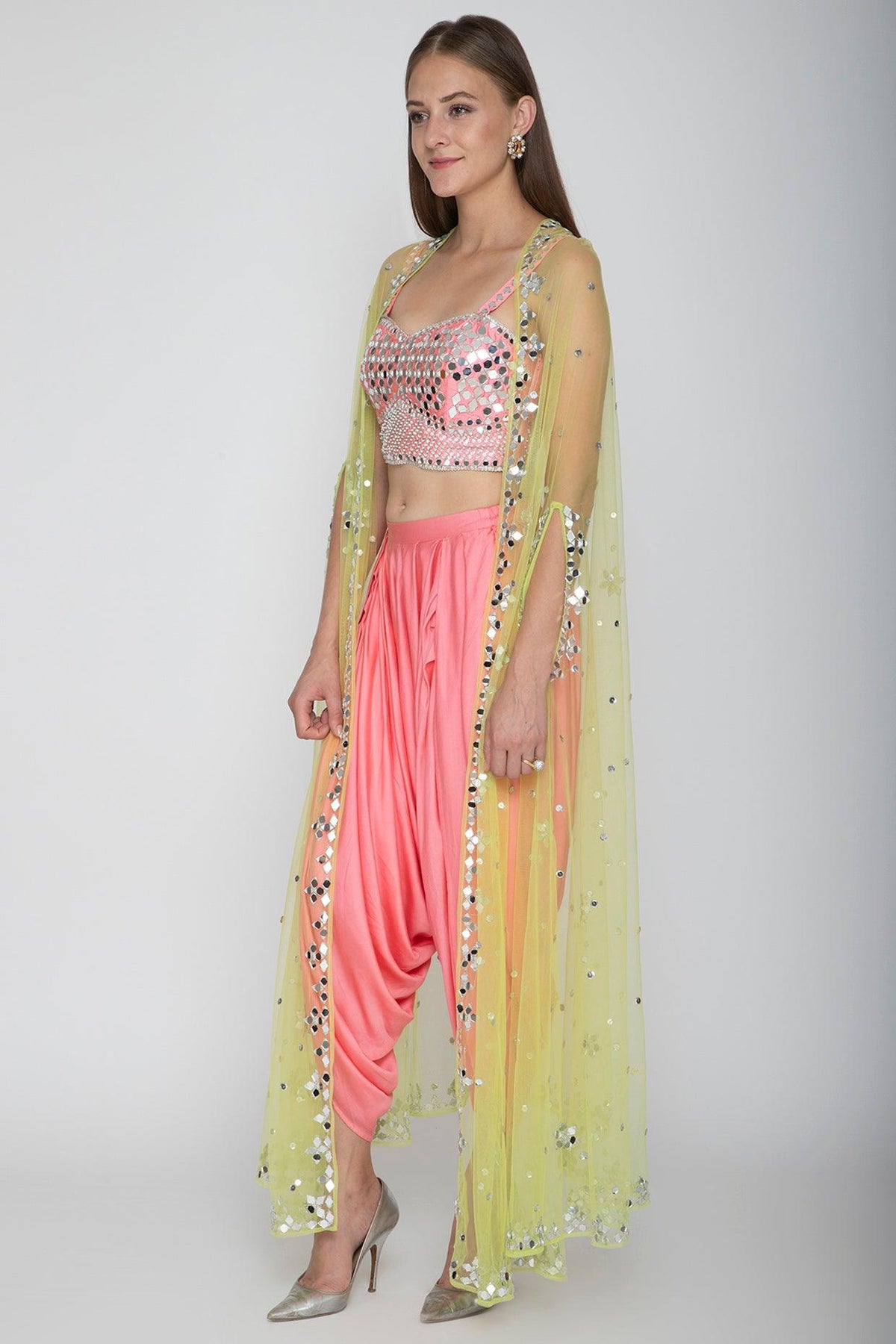 Blush Pink Embroidered Blouse With Dhoti Pants & Lime Yellow Cape - Preeti s kapoor