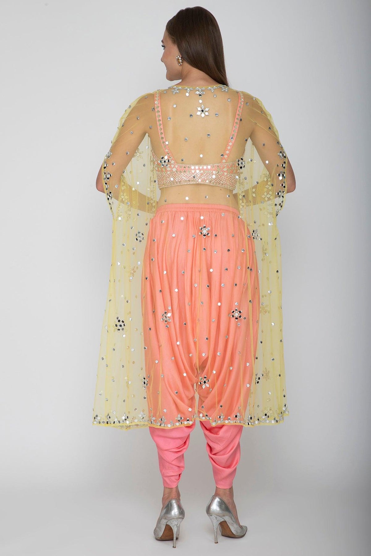 Blush Pink Embroidered Blouse With Dhoti Pants & Net Cape - Preeti s kapoor