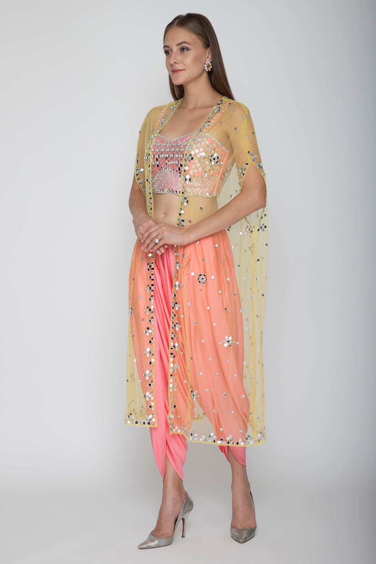 Blush Pink Embroidered Blouse With Dhoti Pants & Net Cape - Preeti s kapoor