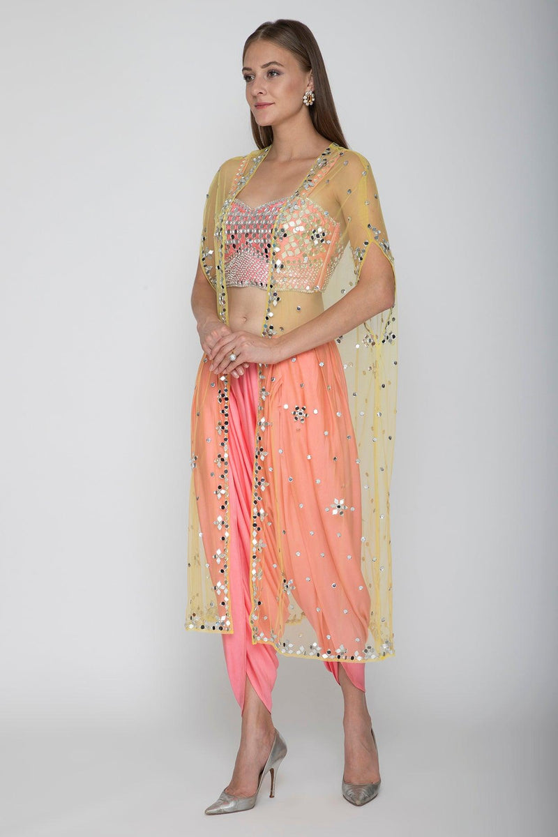 Blush Pink Embroidered Blouse With Dhoti Pants & Net Cape - Preeti s kapoor