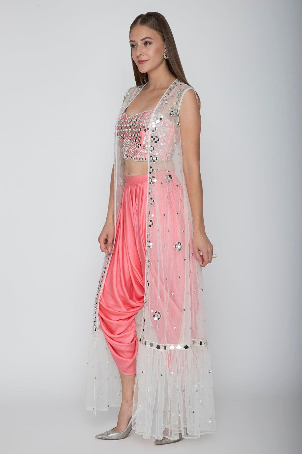 Blush Pink Embroidered Blouse With Dhoti Pants & White Cape - Preeti s kapoor