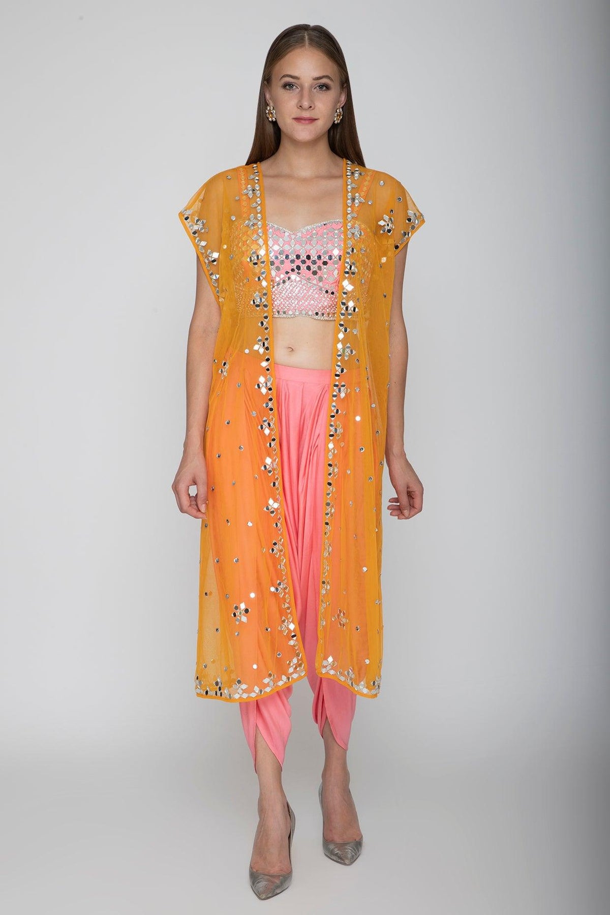 Blush Pink Embroidered Blouse With Dhoti Pants & Orange Cape - Preeti s kapoor
