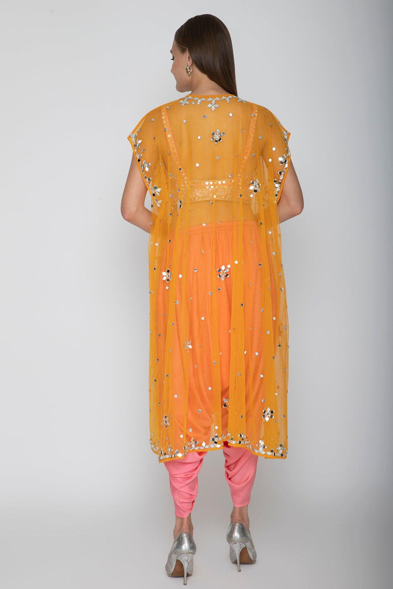 Blush Pink Embroidered Blouse With Dhoti Pants & Orange Cape - Preeti s kapoor