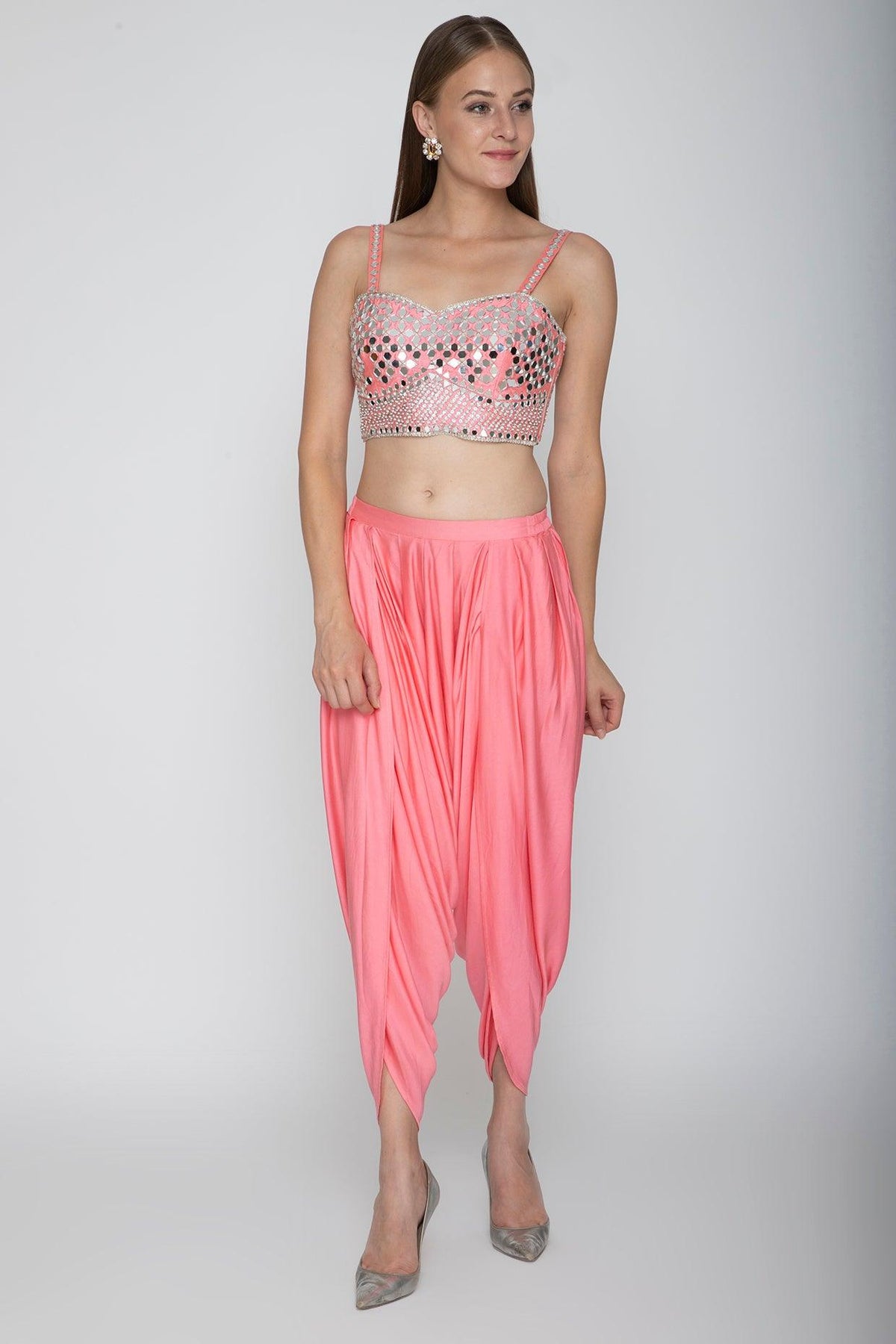 Blush Pink Embroidered Blouse With Dhoti Pants & Orange Cape - Preeti s kapoor