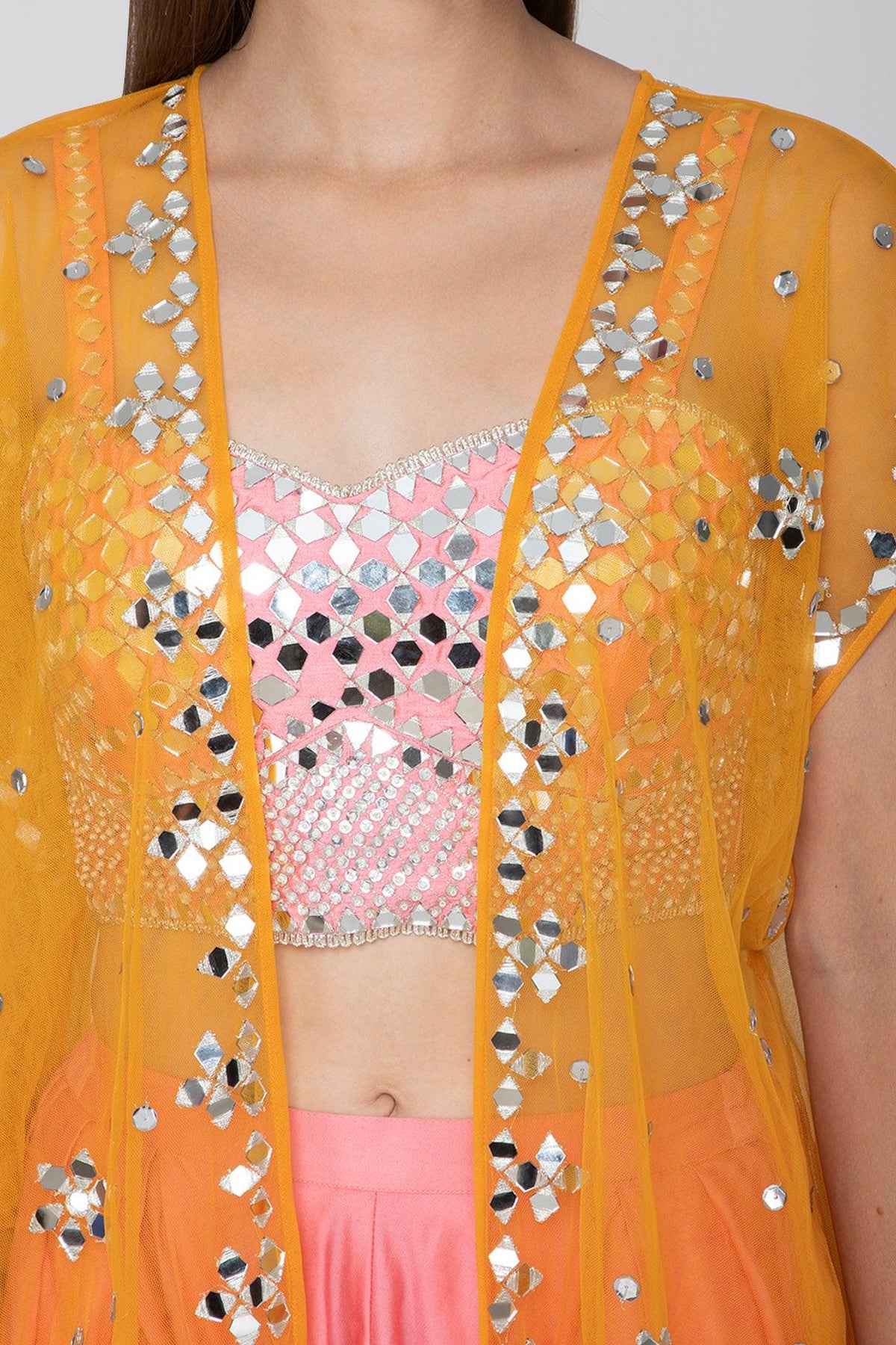Blush Pink Embroidered Blouse With Dhoti Pants & Orange Cape - Preeti s kapoor