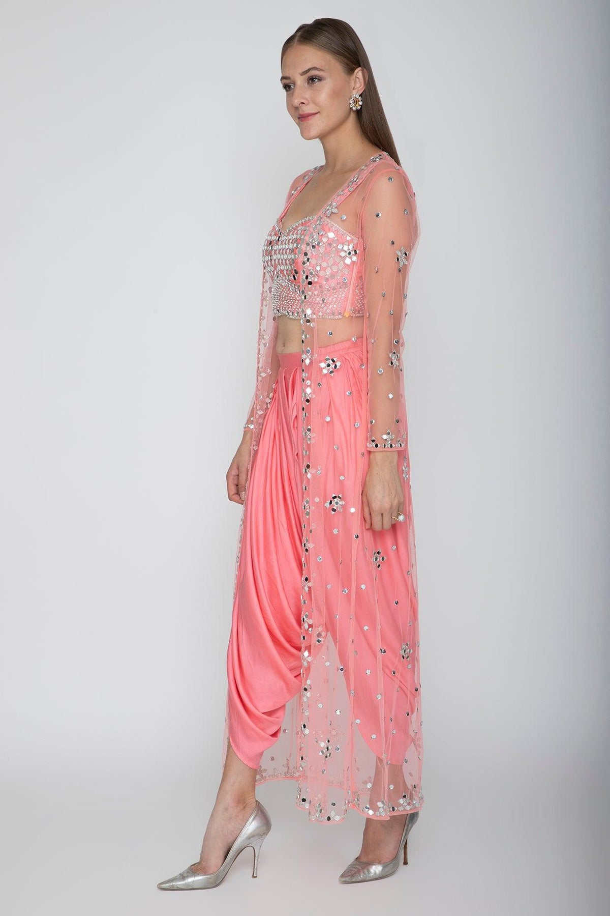 Blush Pink Embroidered Blouse With Dhoti Pants & Cape - Preeti s kapoor