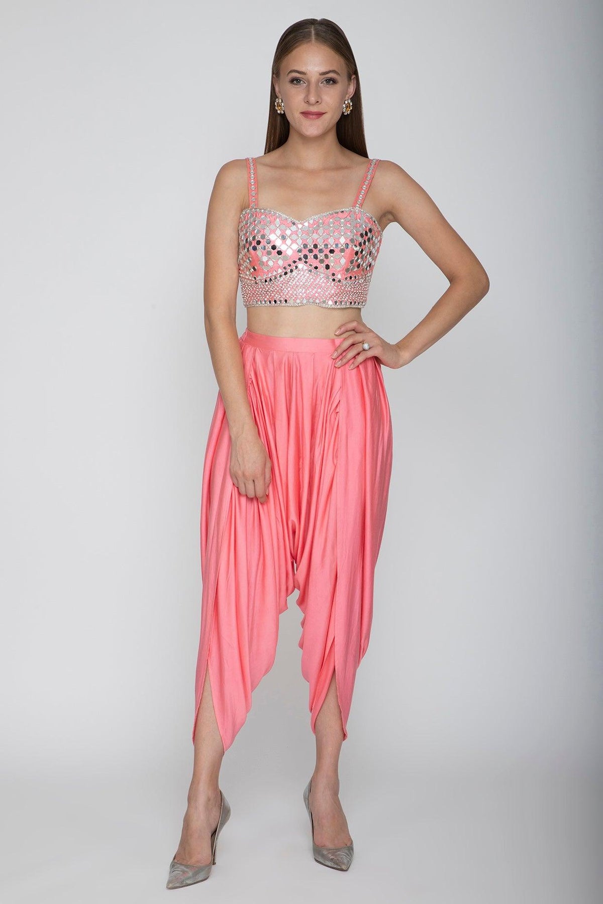 Blush Pink Embroidered Blouse With Dhoti Pants & Cape - Preeti s kapoor
