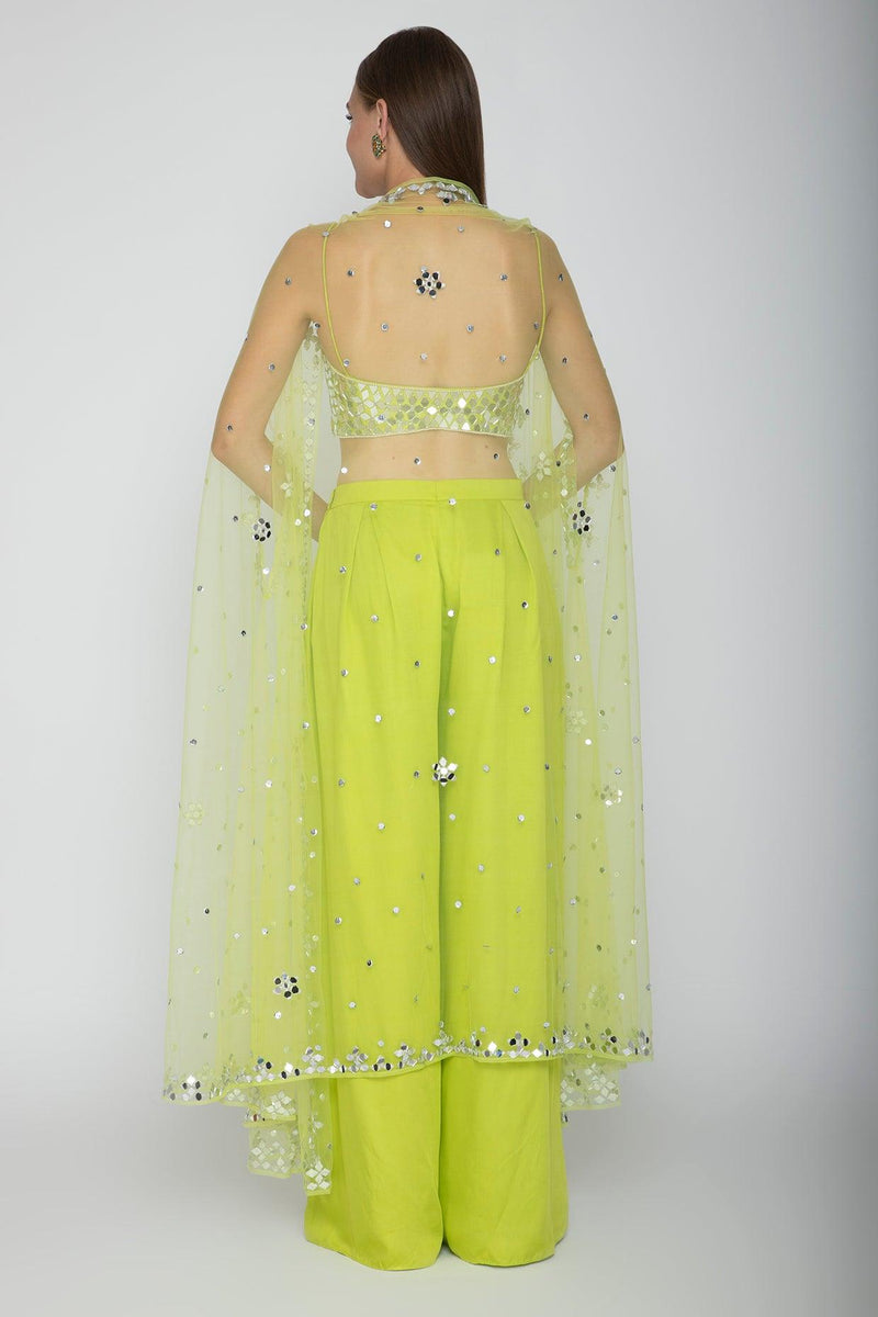 Lime Green Embroidered Blouse With Palazzo Pants & Cape - Preeti s kapoor