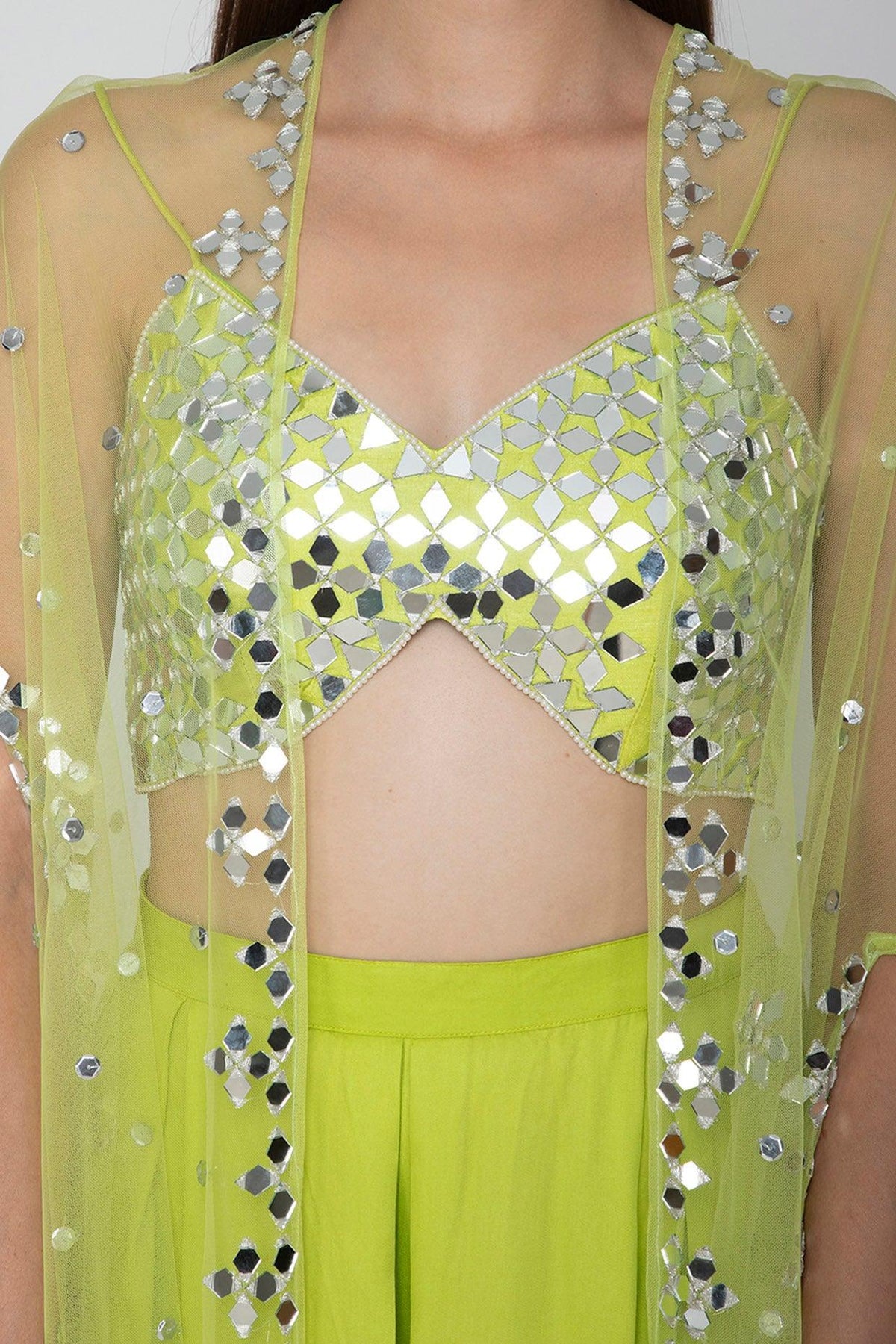Lime Green Embroidered Blouse With Palazzo Pants & Cape - Preeti s kapoor