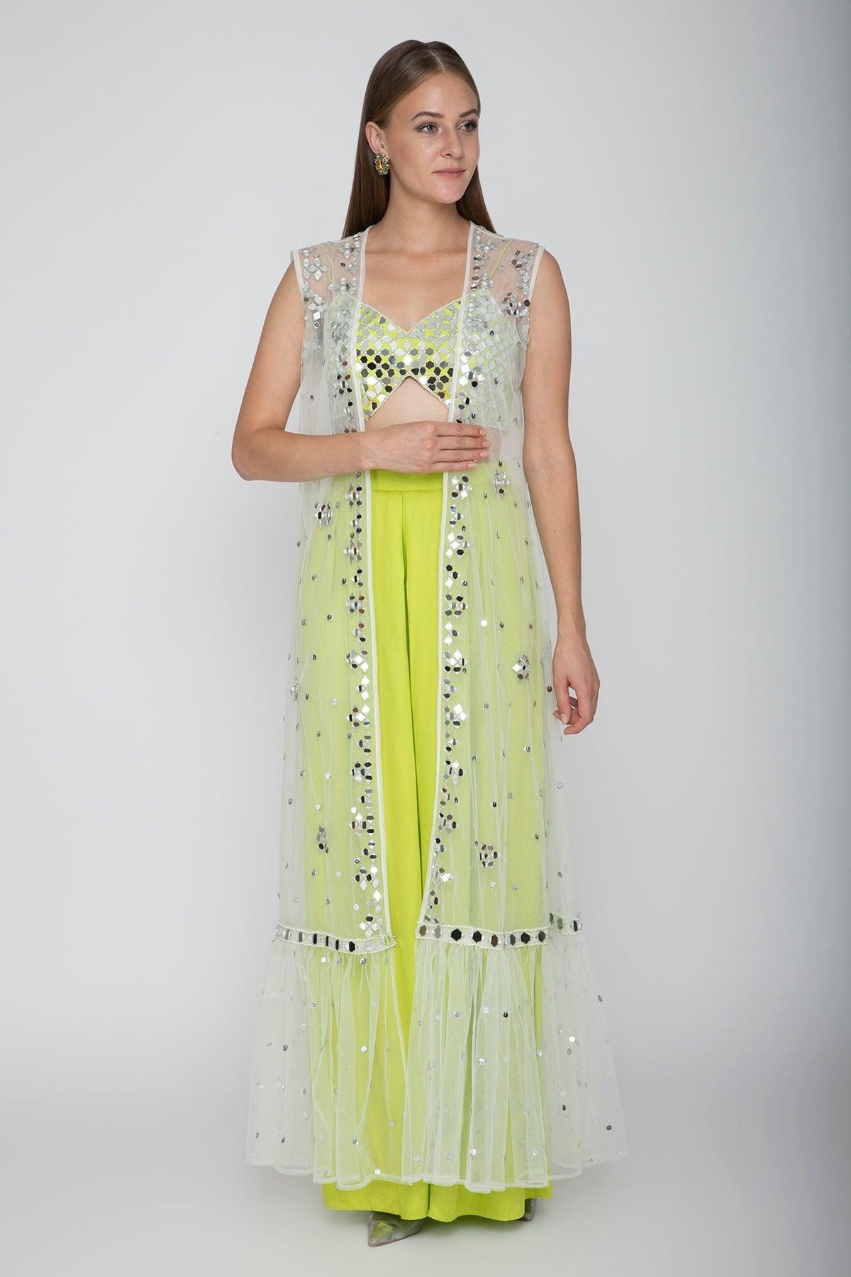 Lime Green Embroidered Blouse With Palazzo Pants & White Cape - Preeti s kapoor