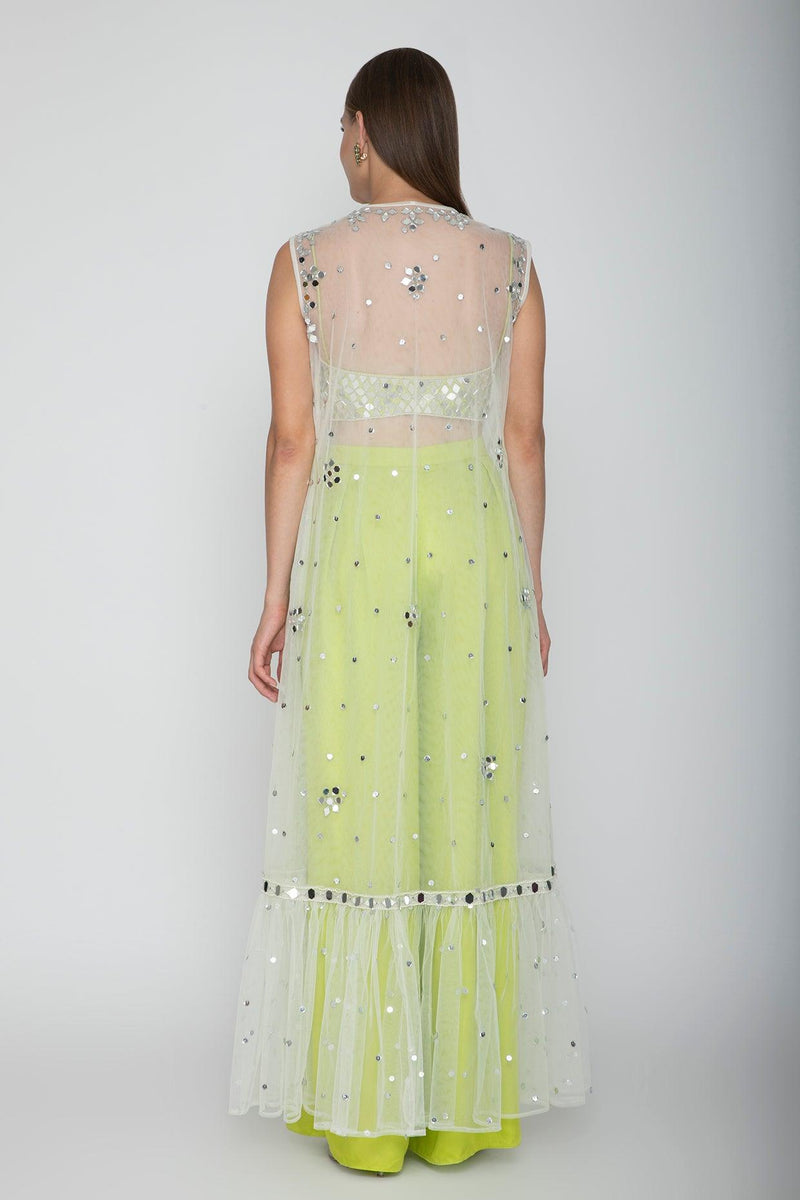 Lime Green Embroidered Blouse With Palazzo Pants & White Cape - Preeti s kapoor