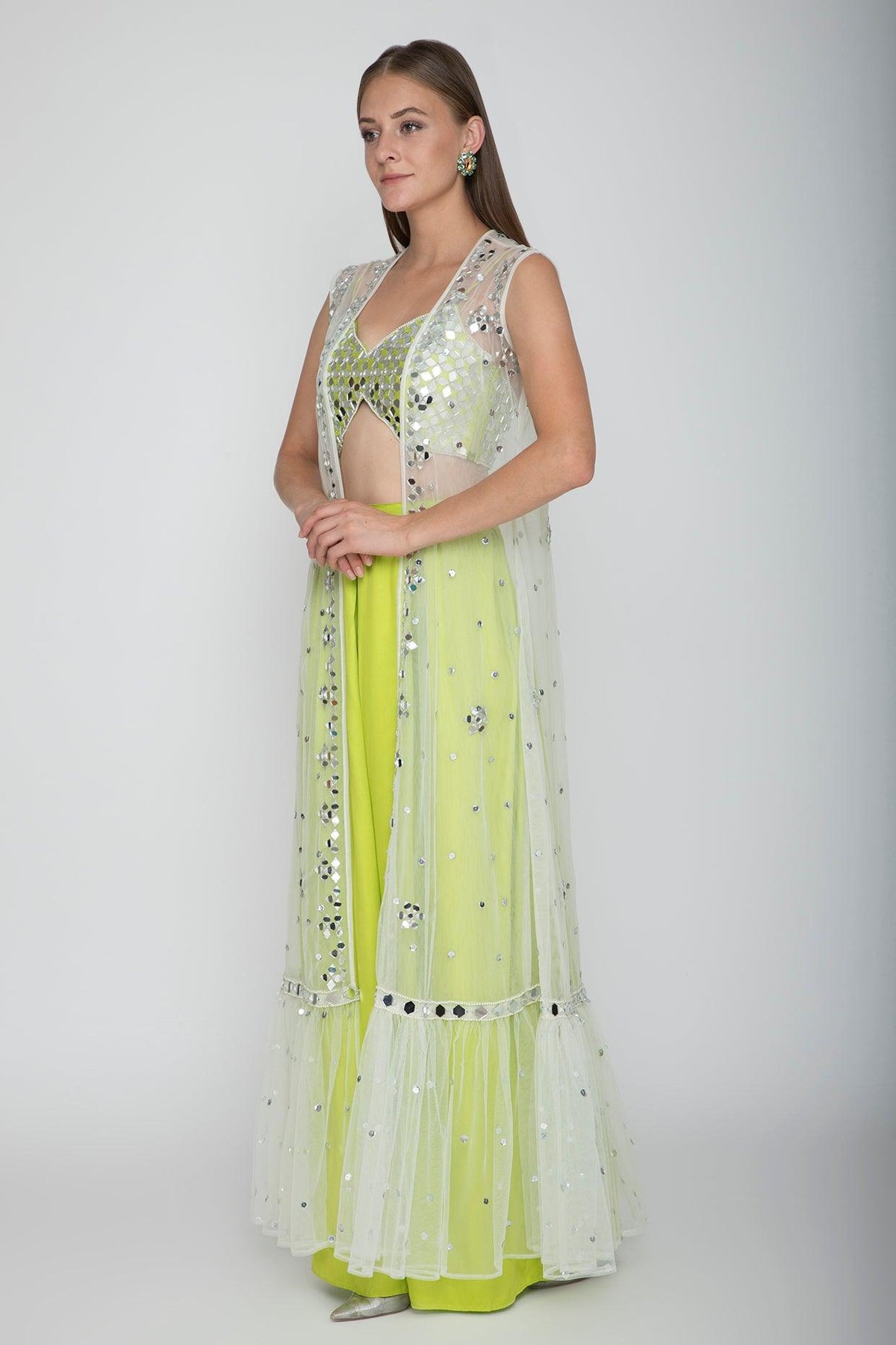 Lime Green Embroidered Blouse With Palazzo Pants & White Cape - Preeti s kapoor