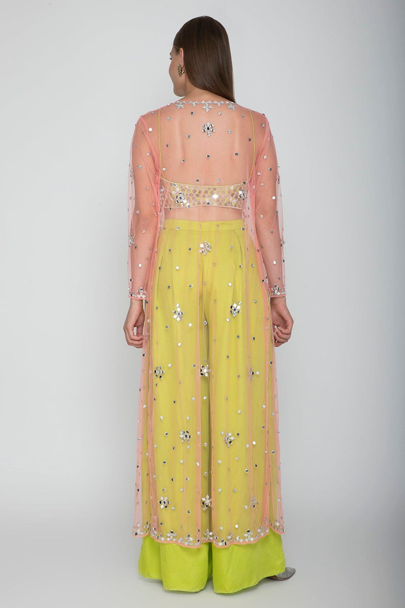 Lime Green Embroidered Blouse With Palazzo Pants & Blush Pink Cape - Preeti s kapoor