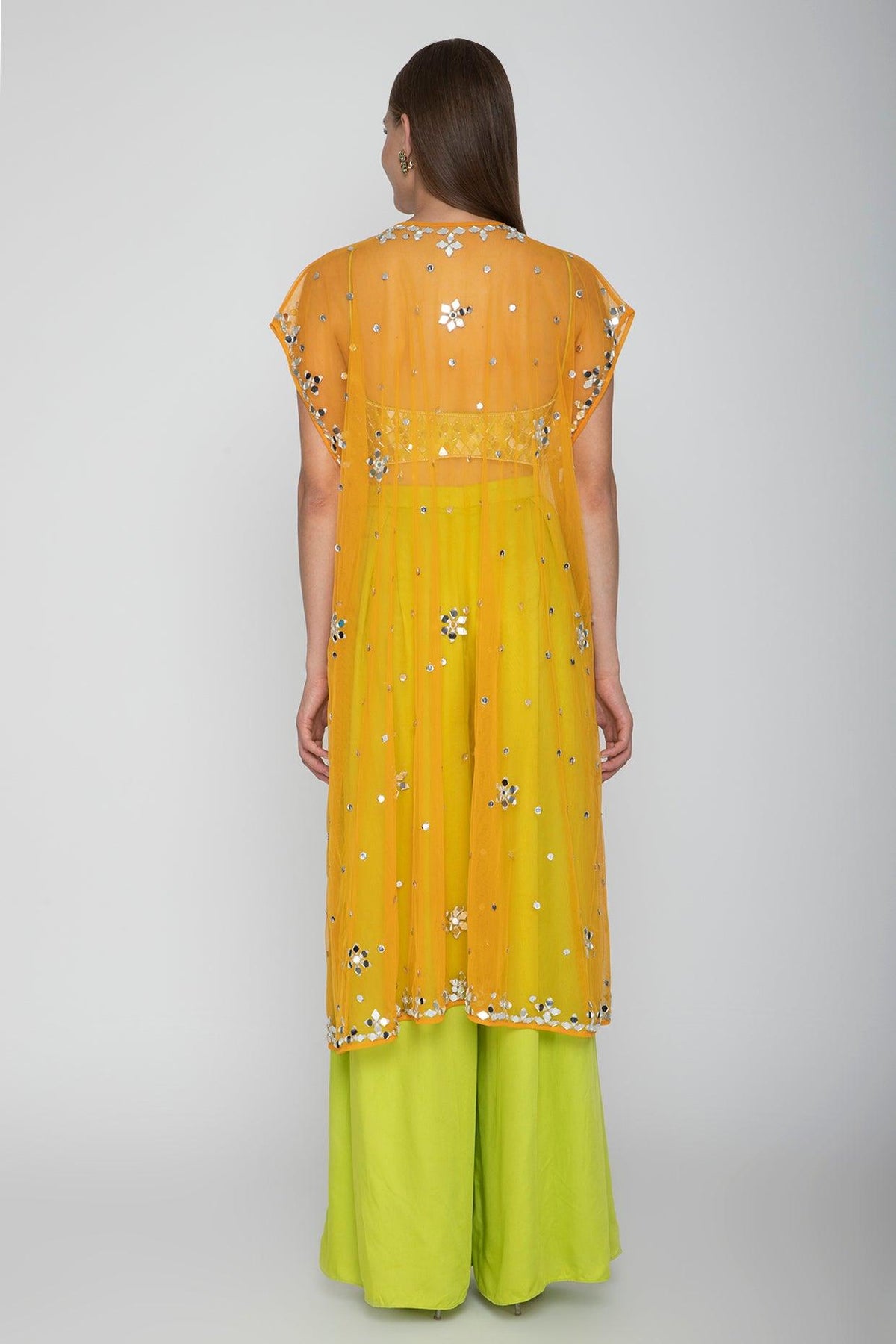 Lime Green Embroidered Blouse With Palazzo Pants & Orange Cape - Preeti s kapoor