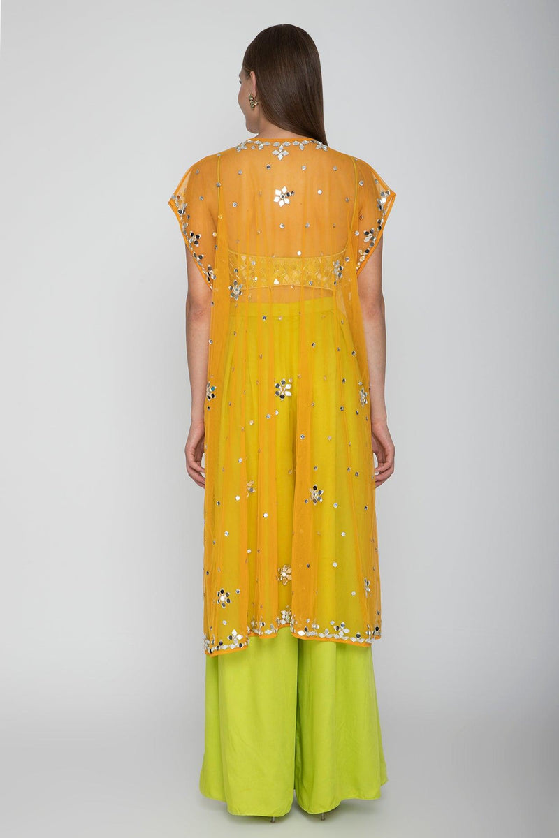 Lime Green Embroidered Blouse With Palazzo Pants & Orange Cape - Preeti s kapoor