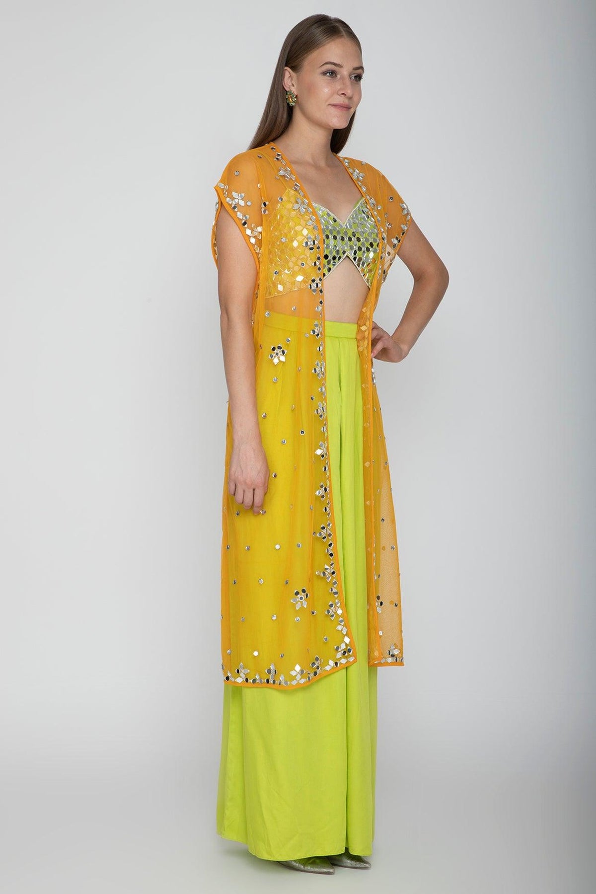 Lime Green Embroidered Blouse With Palazzo Pants & Orange Cape - Preeti s kapoor