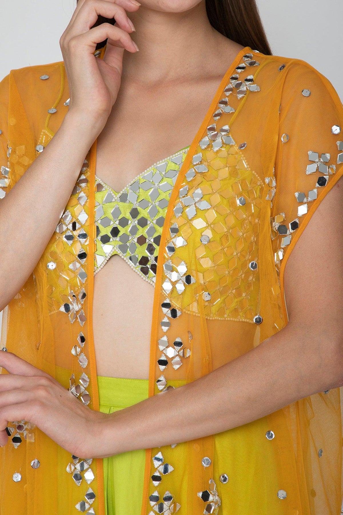 Lime Green Embroidered Blouse With Palazzo Pants & Orange Cape - Preeti s kapoor