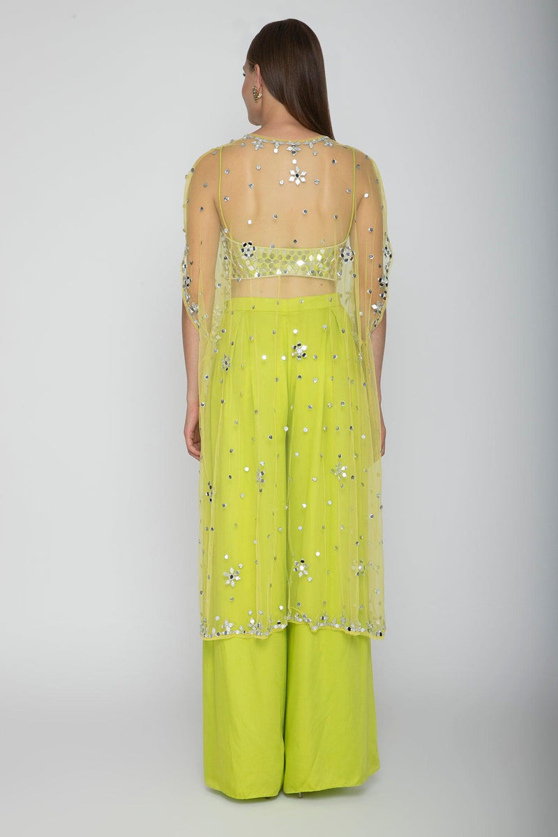 Lime Green Embroidered Blouse With Palazzo Pants & Net Cape - Preeti s kapoor