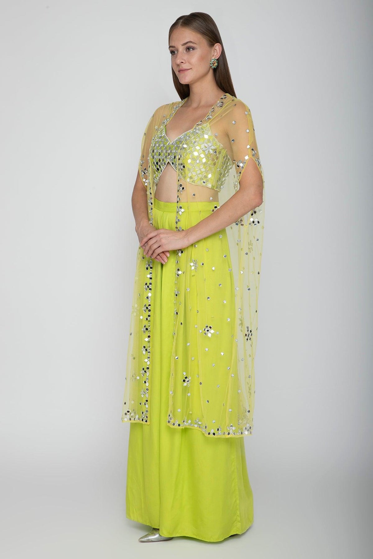 Lime Green Embroidered Blouse With Palazzo Pants & Net Cape - Preeti s kapoor
