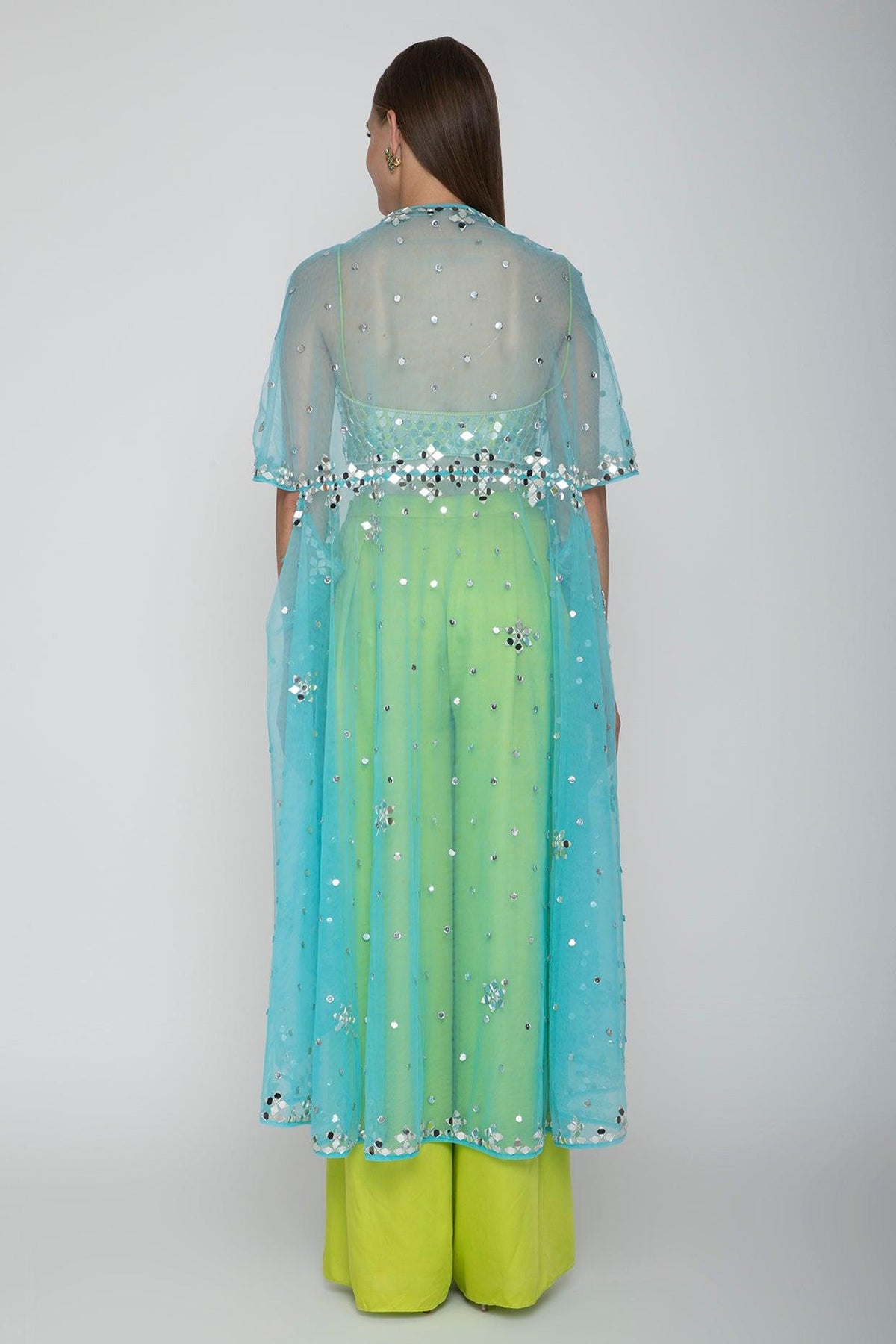 Lime Green Embroidered Blouse With Palazzo Pants & Sky Blue Cape - Preeti s kapoor