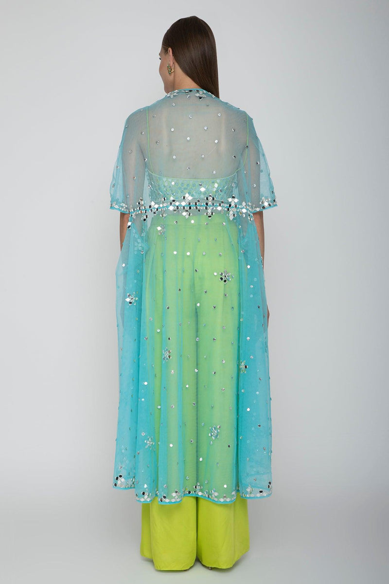Lime Green Embroidered Blouse With Palazzo Pants & Sky Blue Cape - Preeti s kapoor