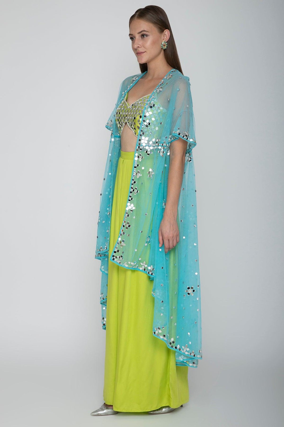 Lime Green Embroidered Blouse With Palazzo Pants & Sky Blue Cape - Preeti s kapoor