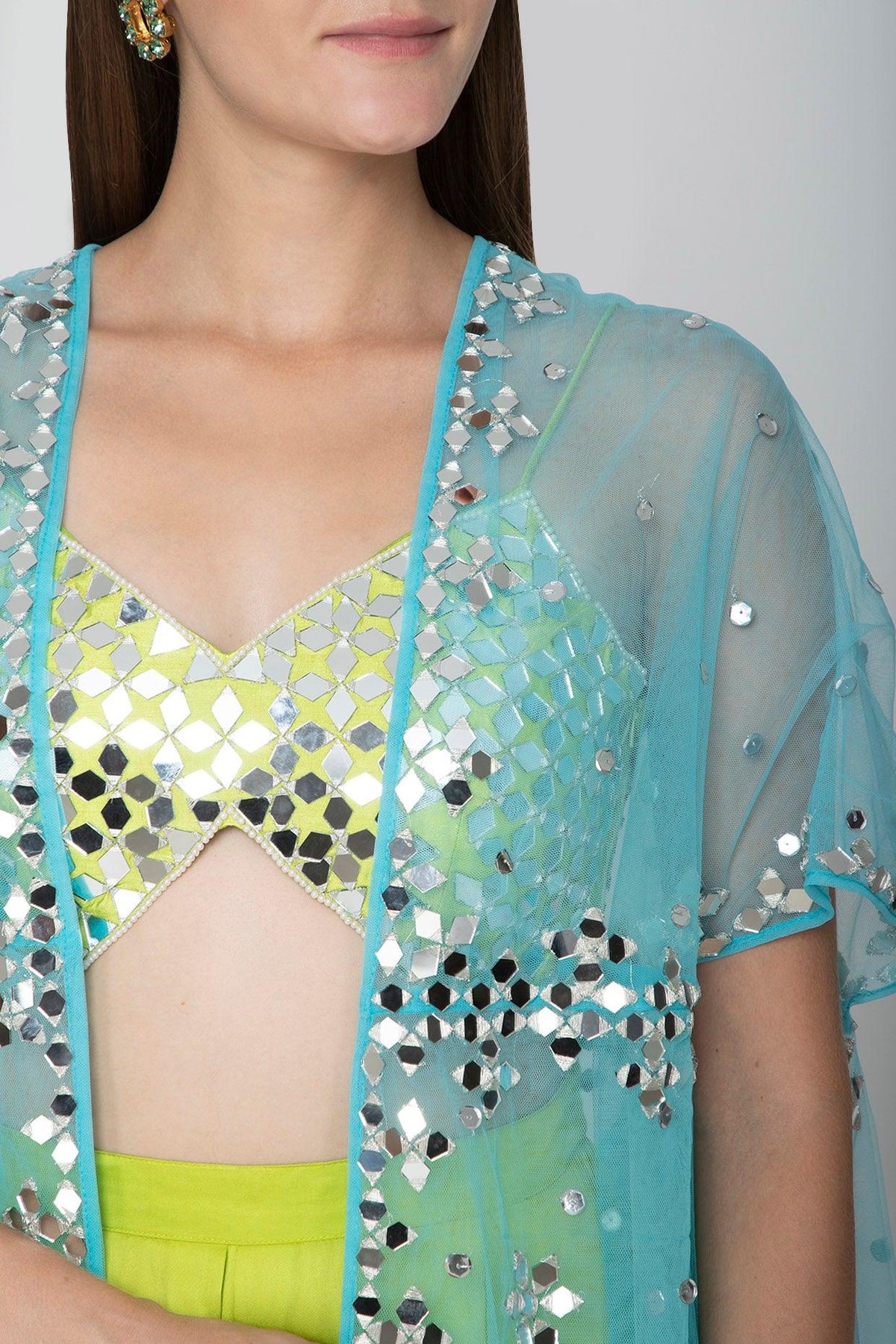 Lime Green Embroidered Blouse With Palazzo Pants & Sky Blue Cape - Preeti s kapoor