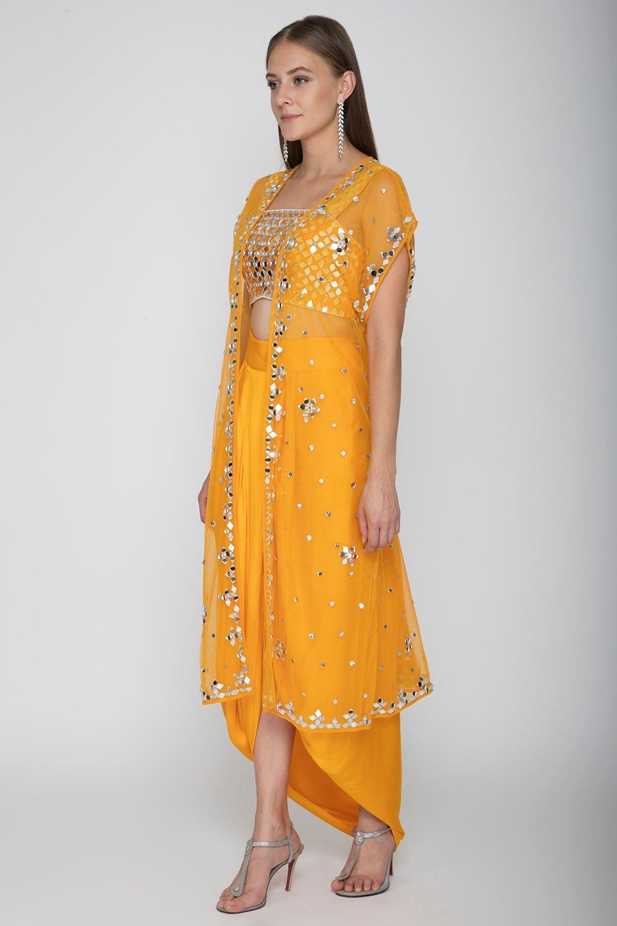 Orange Embroidered Blouse With Dhoti Skirt & Cape - Preeti s kapoor