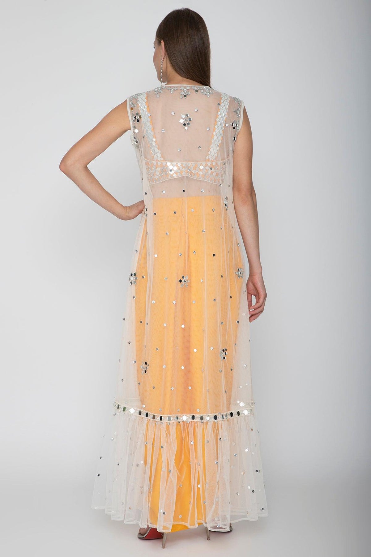 Orange Embroidered Blouse With Dhoti Skirt & White Cape - Preeti s kapoor