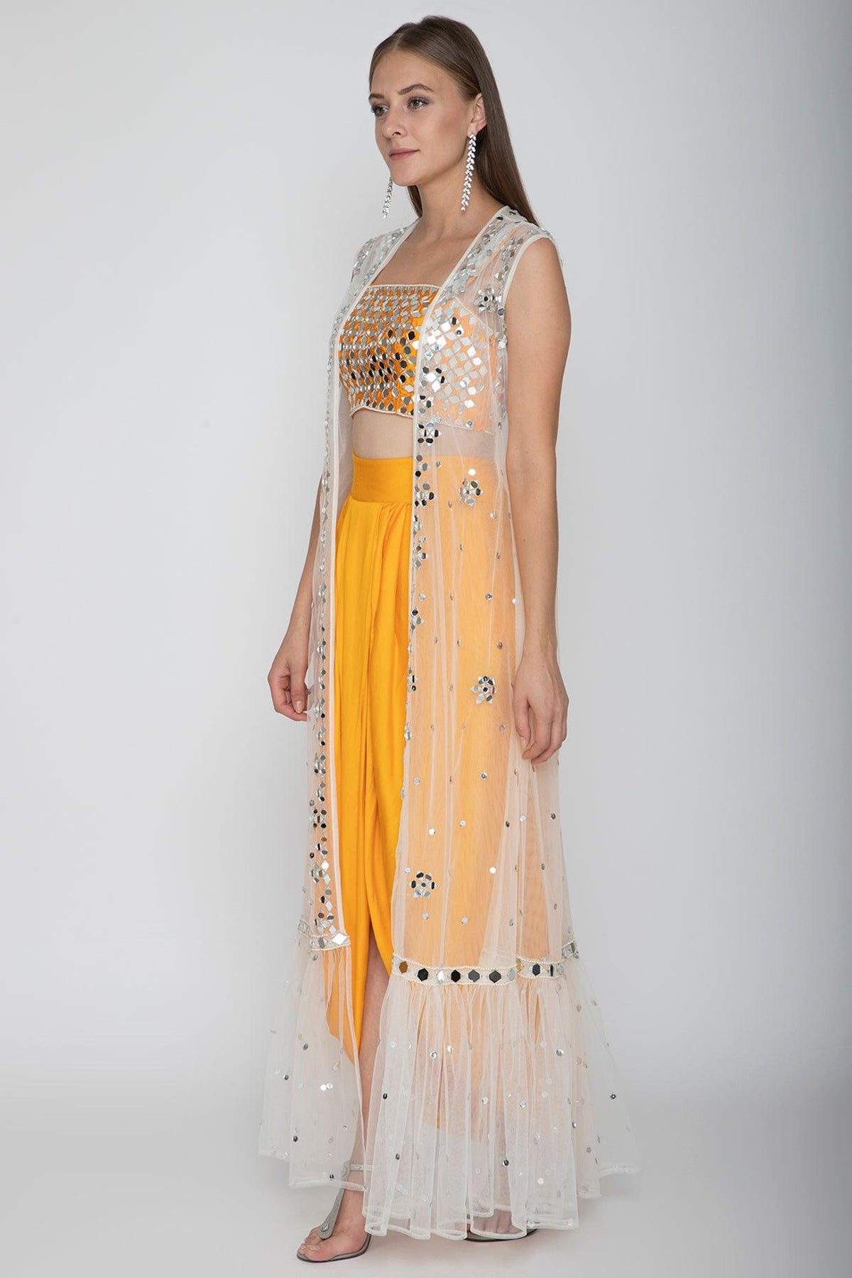 Orange Embroidered Blouse With Dhoti Skirt & White Cape - Preeti s kapoor