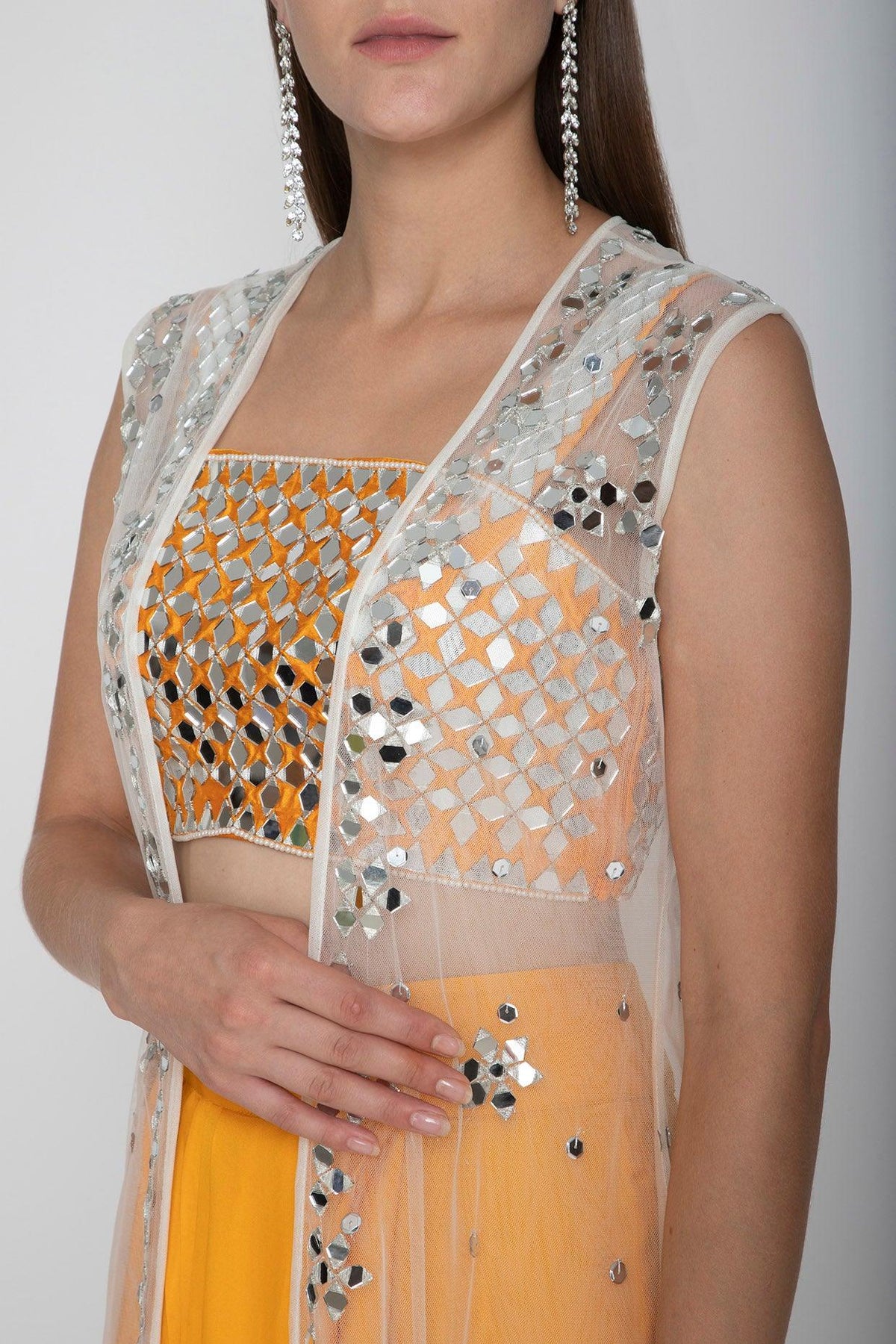 Orange Embroidered Blouse With Dhoti Skirt & White Cape - Preeti s kapoor