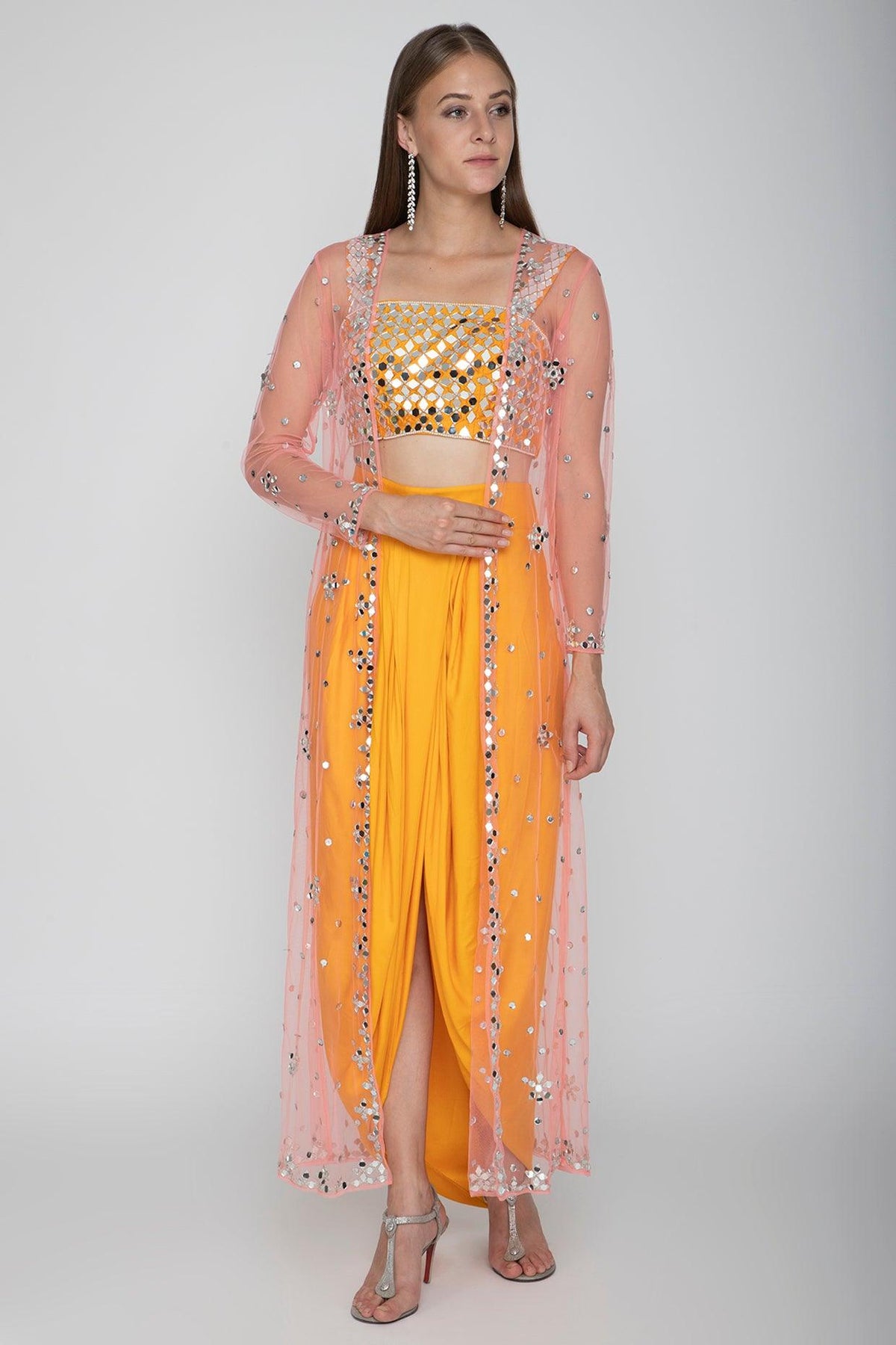 Orange Embroidered Blouse With Dhoti Skirt & Blush Pink Cape - Preeti s kapoor