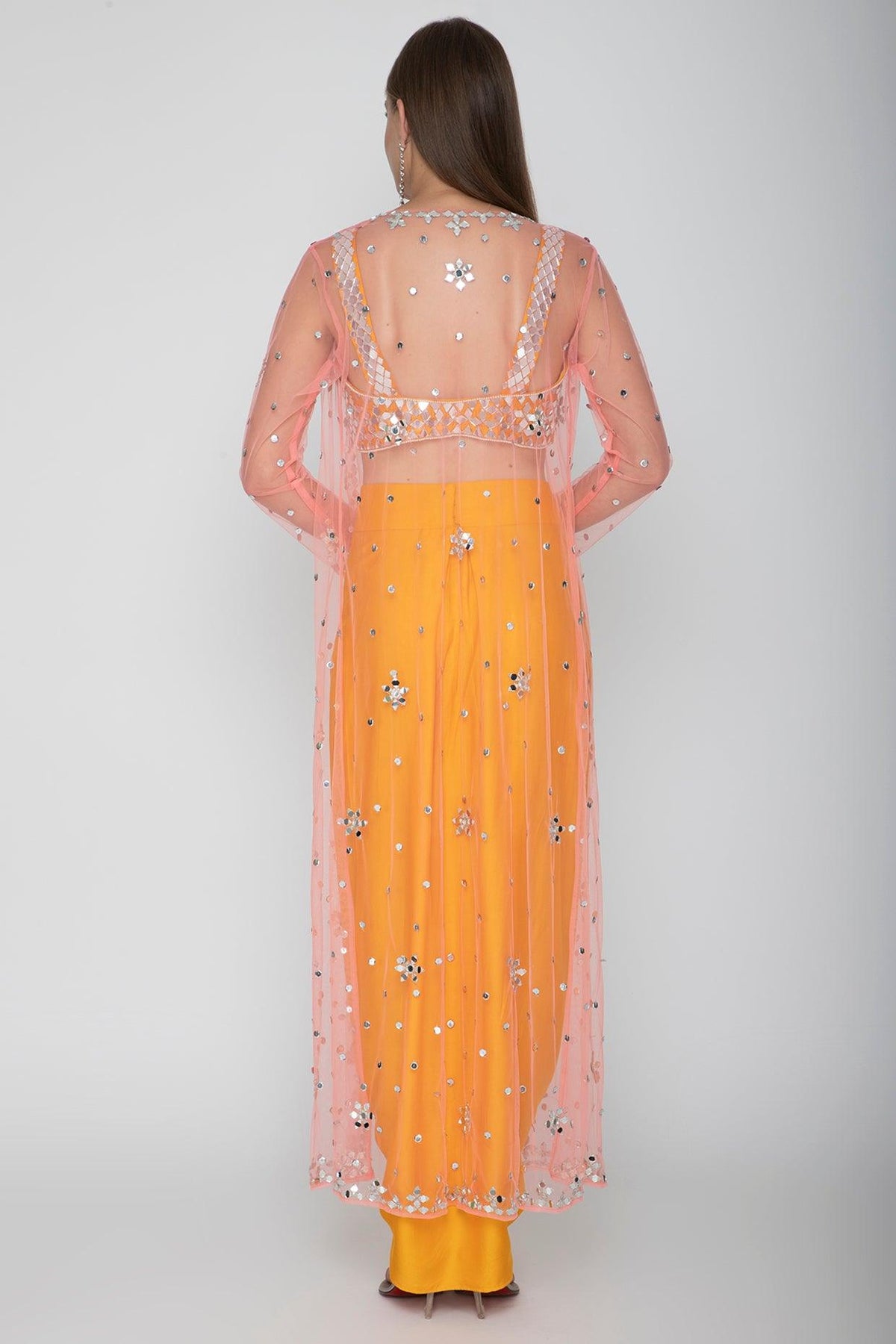 Orange Embroidered Blouse With Dhoti Skirt & Blush Pink Cape - Preeti s kapoor