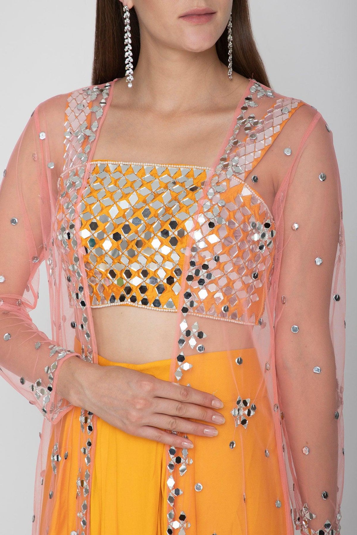 Orange Embroidered Blouse With Dhoti Skirt & Blush Pink Cape - Preeti s kapoor