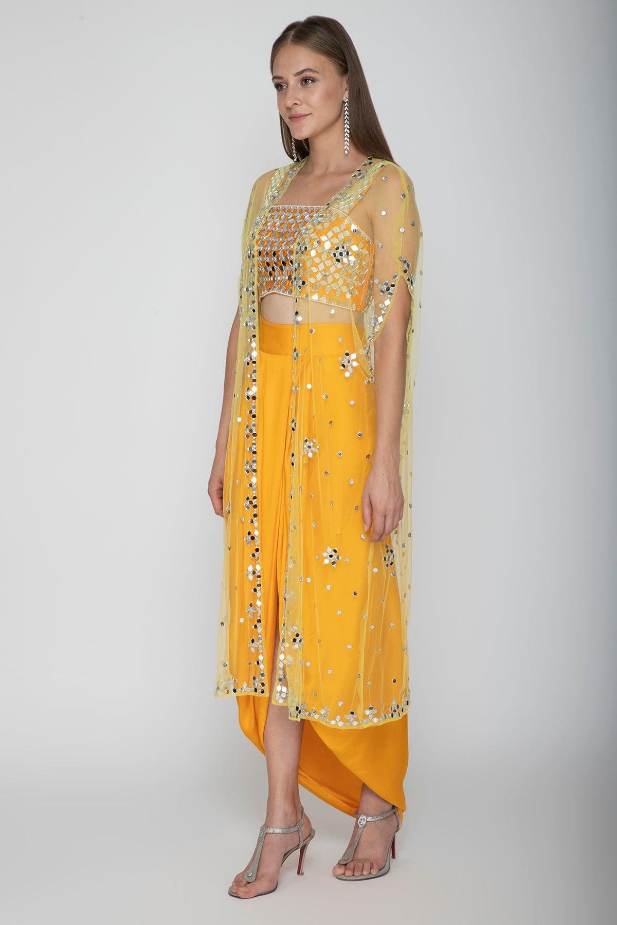 Mango Yellow Embroidered Blouse With Dhoti Skirt & Yellow Cape - Preeti s kapoor