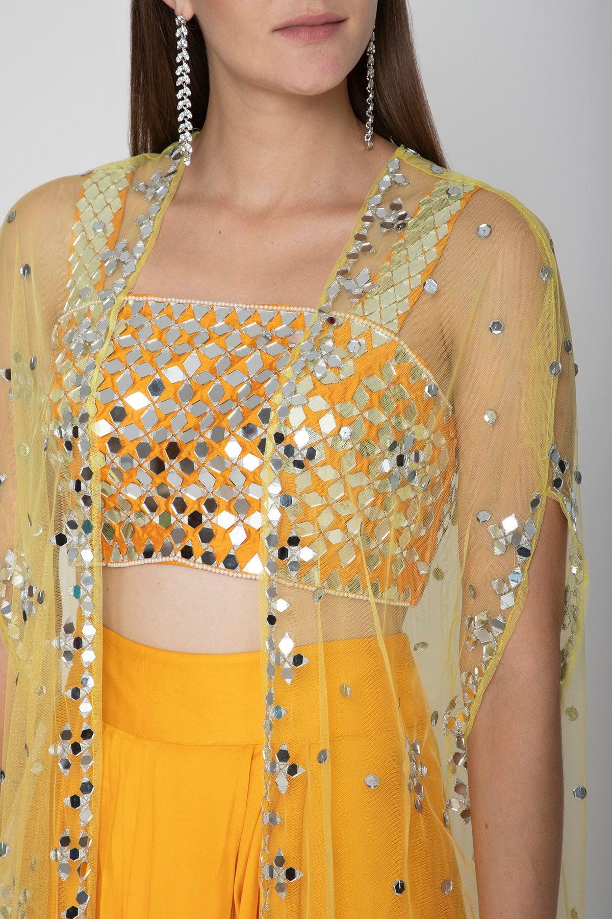 Mango Yellow Embroidered Blouse With Dhoti Skirt & Yellow Cape - Preeti s kapoor