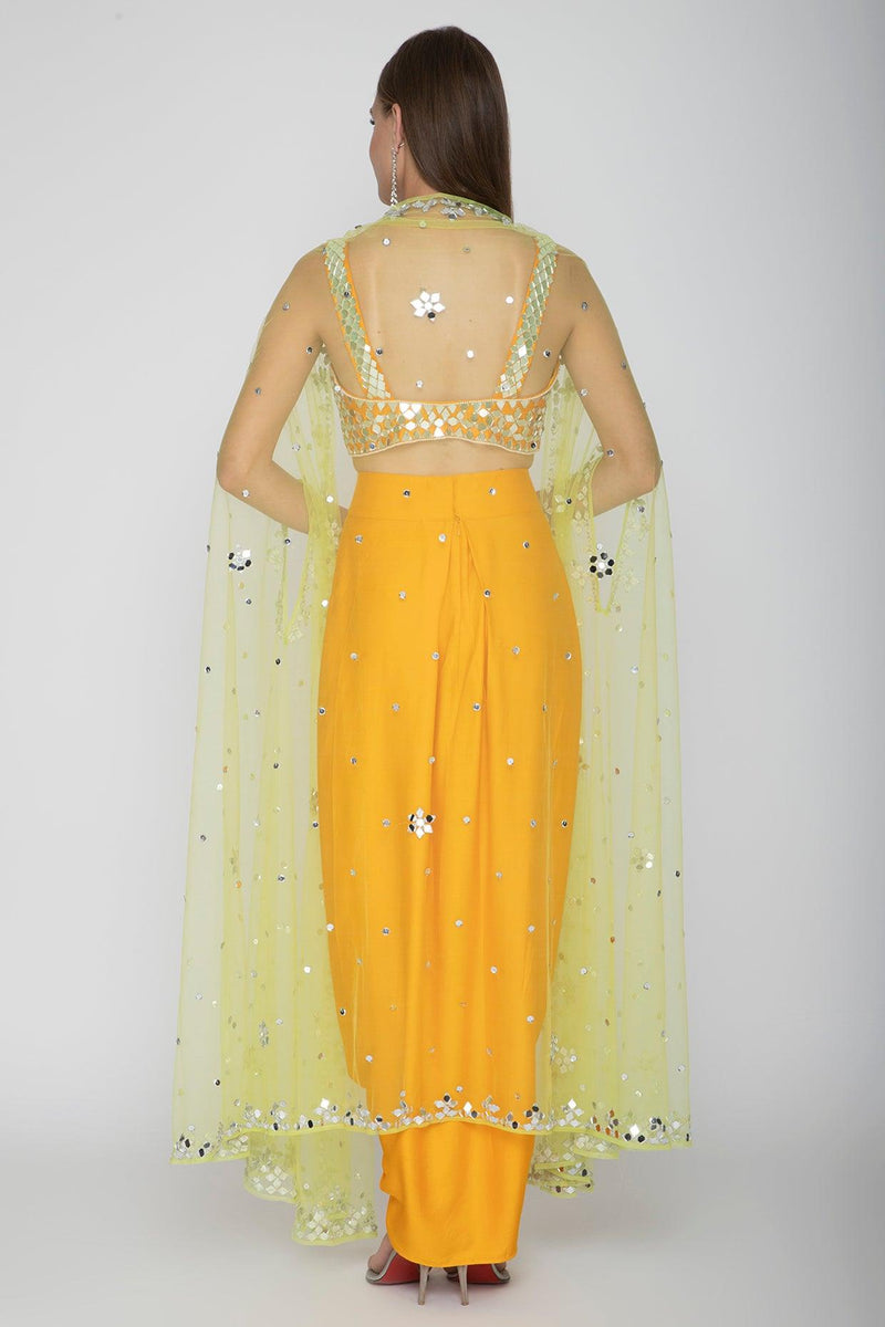 Mango Yellow Embroidered Blouse With Dhoti Skirt & Lime Yellow Cape - Preeti s kapoor