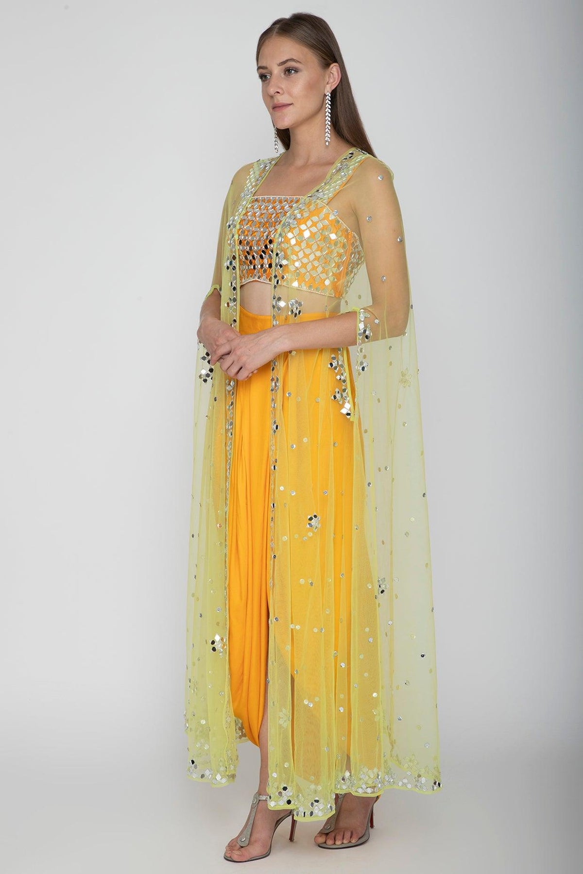 Mango Yellow Embroidered Blouse With Dhoti Skirt & Lime Yellow Cape - Preeti s kapoor