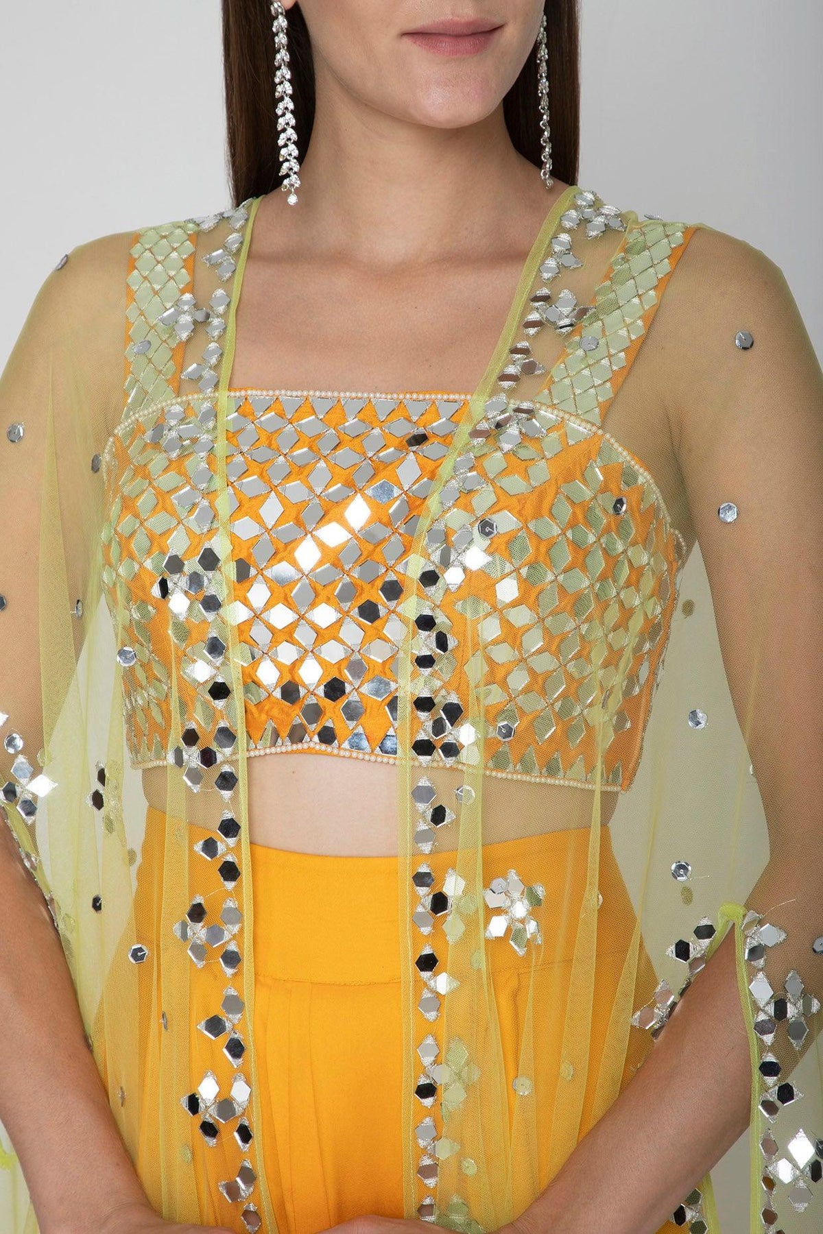 Mango Yellow Embroidered Blouse With Dhoti Skirt & Lime Yellow Cape - Preeti s kapoor