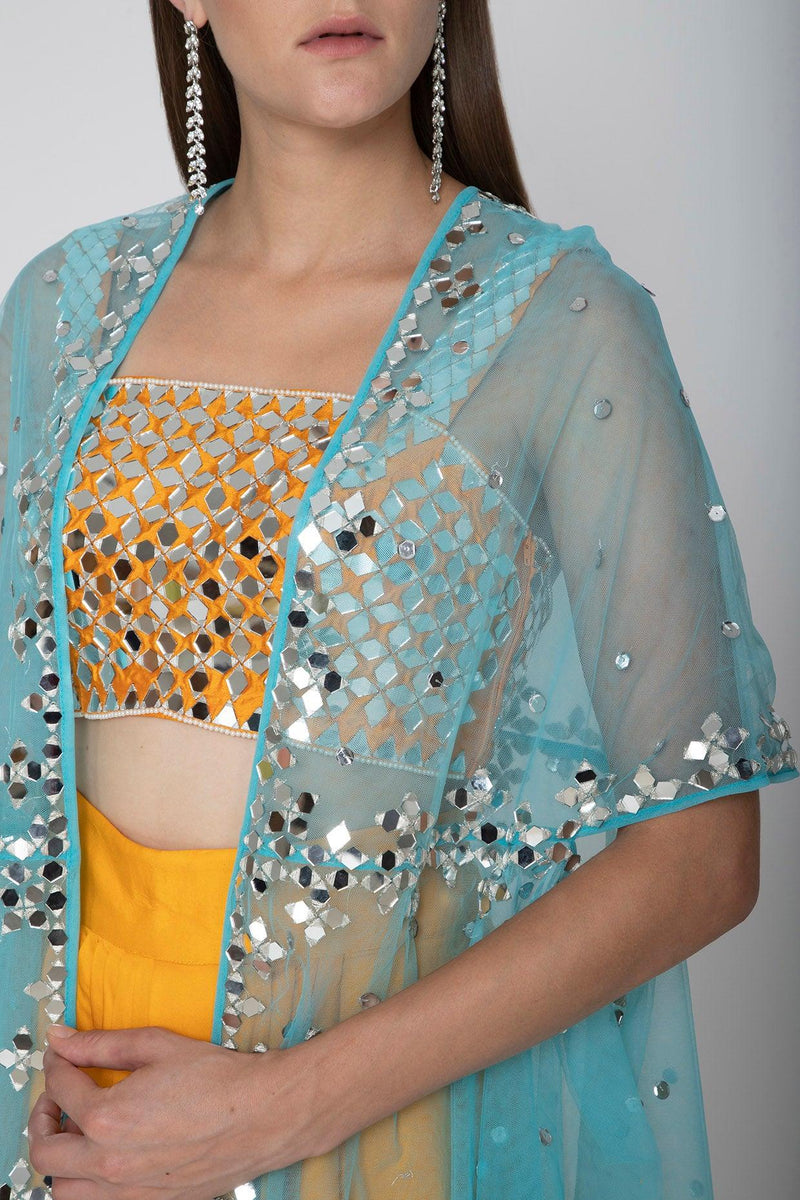 Mango Yellow Embroidered Blouse With Dhoti Skirt & Sky Blue Cape - Preeti s kapoor