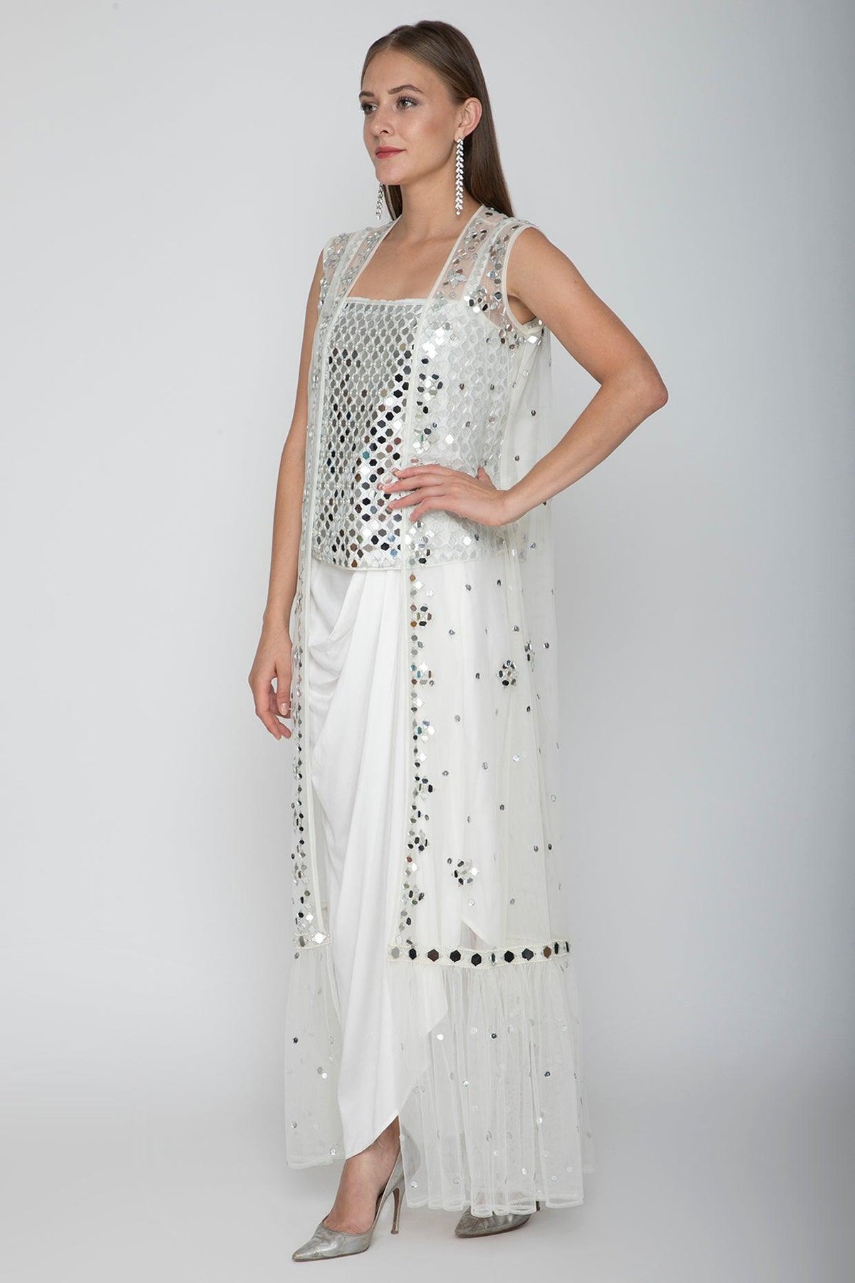 White Embroidered Blouse With Dhoti Skirt & Cape - Preeti s kapoor