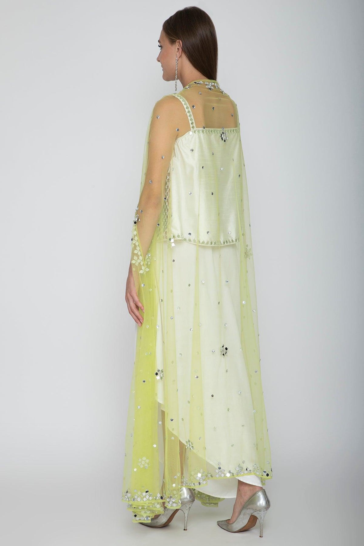 White Embroidered Blouse With Dhoti Skirt & Lime Yellow Cape - Preeti s kapoor