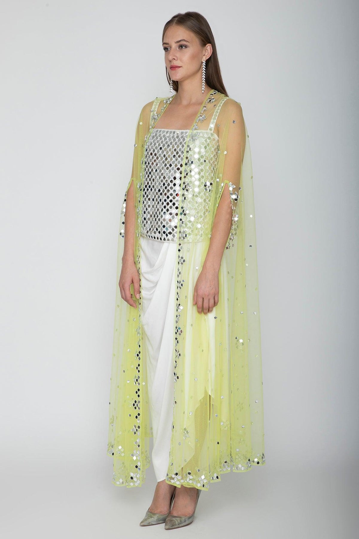 White Embroidered Blouse With Dhoti Skirt & Lime Yellow Cape - Preeti s kapoor