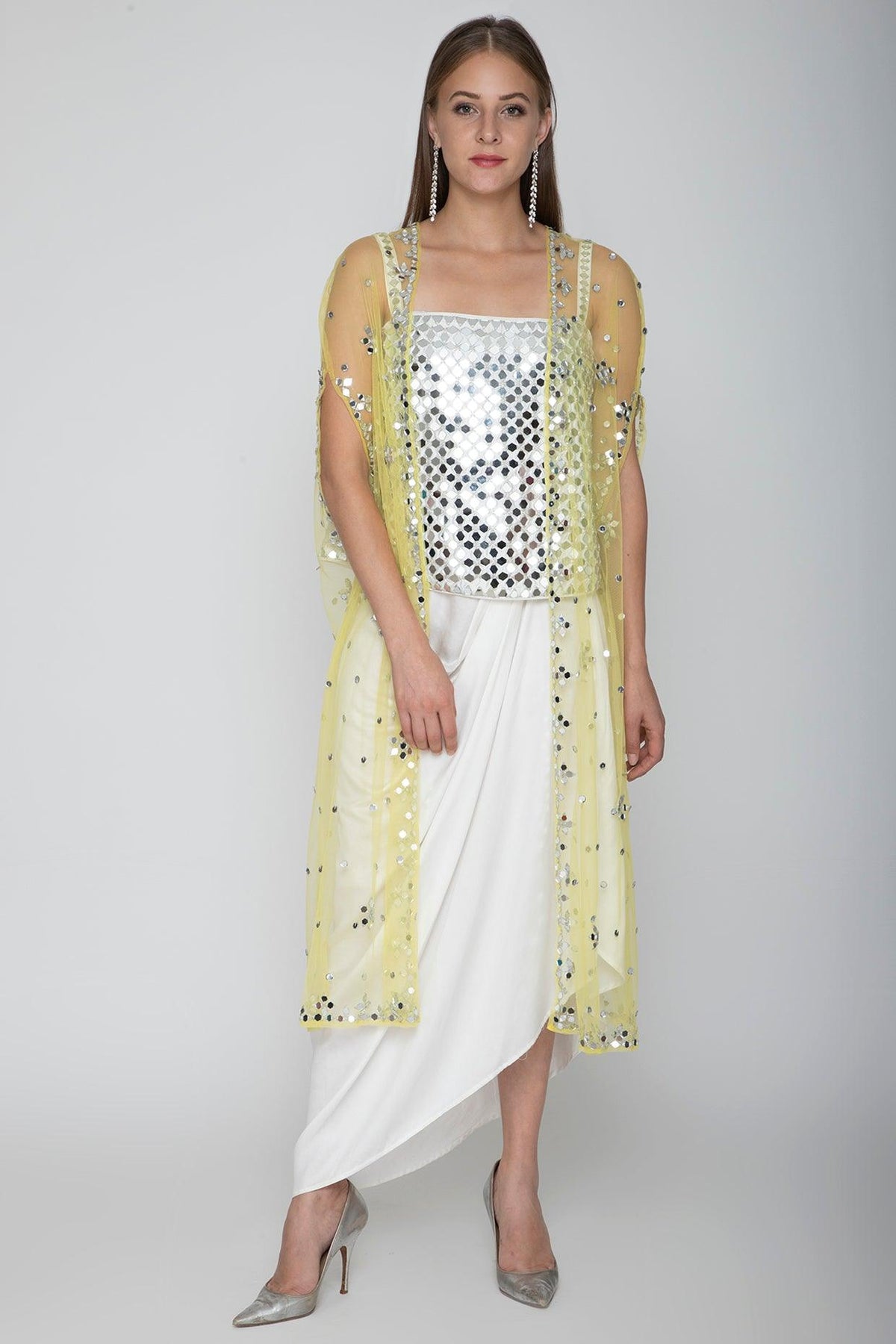 White Embroidered Blouse With Dhoti Skirt & Yellow Cape - Preeti s kapoor