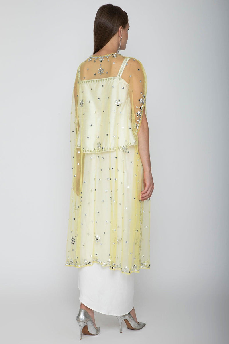 White Embroidered Blouse With Dhoti Skirt & Yellow Cape - Preeti s kapoor