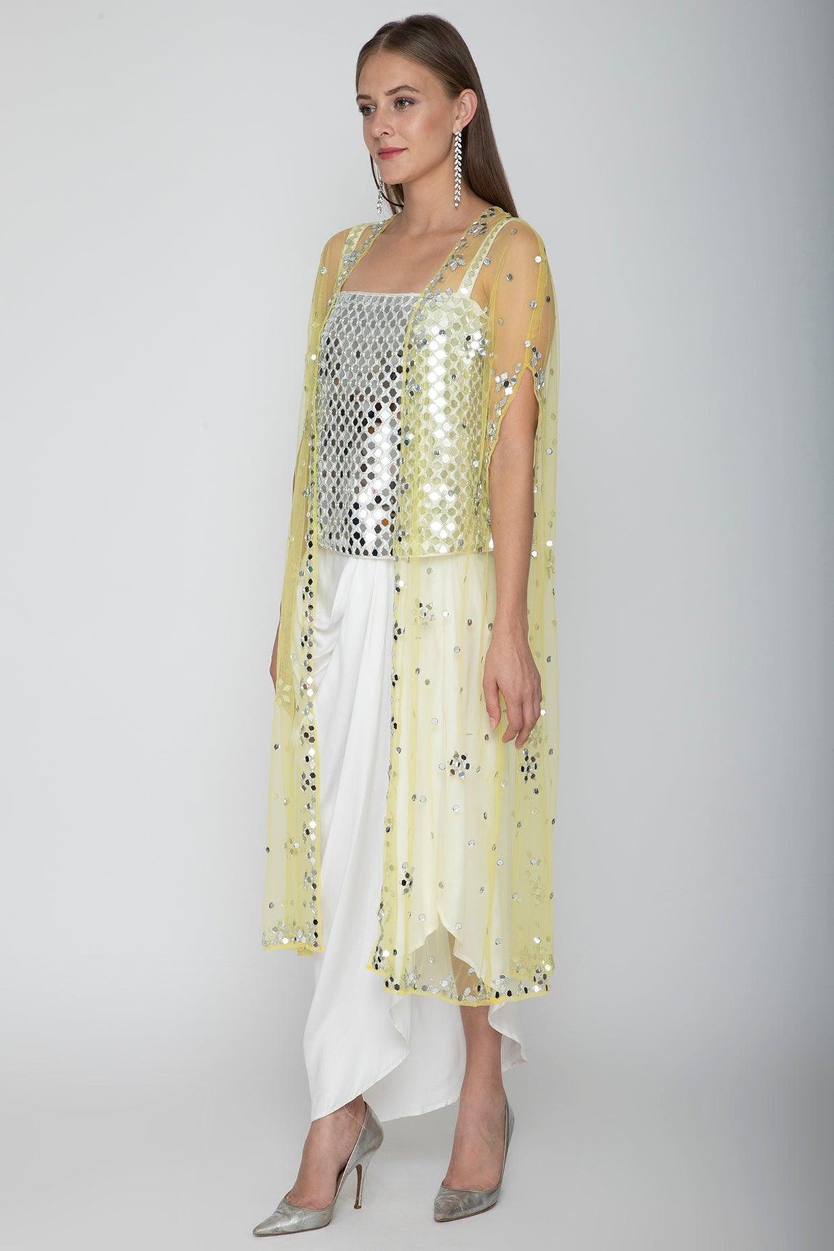 White Embroidered Blouse With Dhoti Skirt & Yellow Cape - Preeti s kapoor