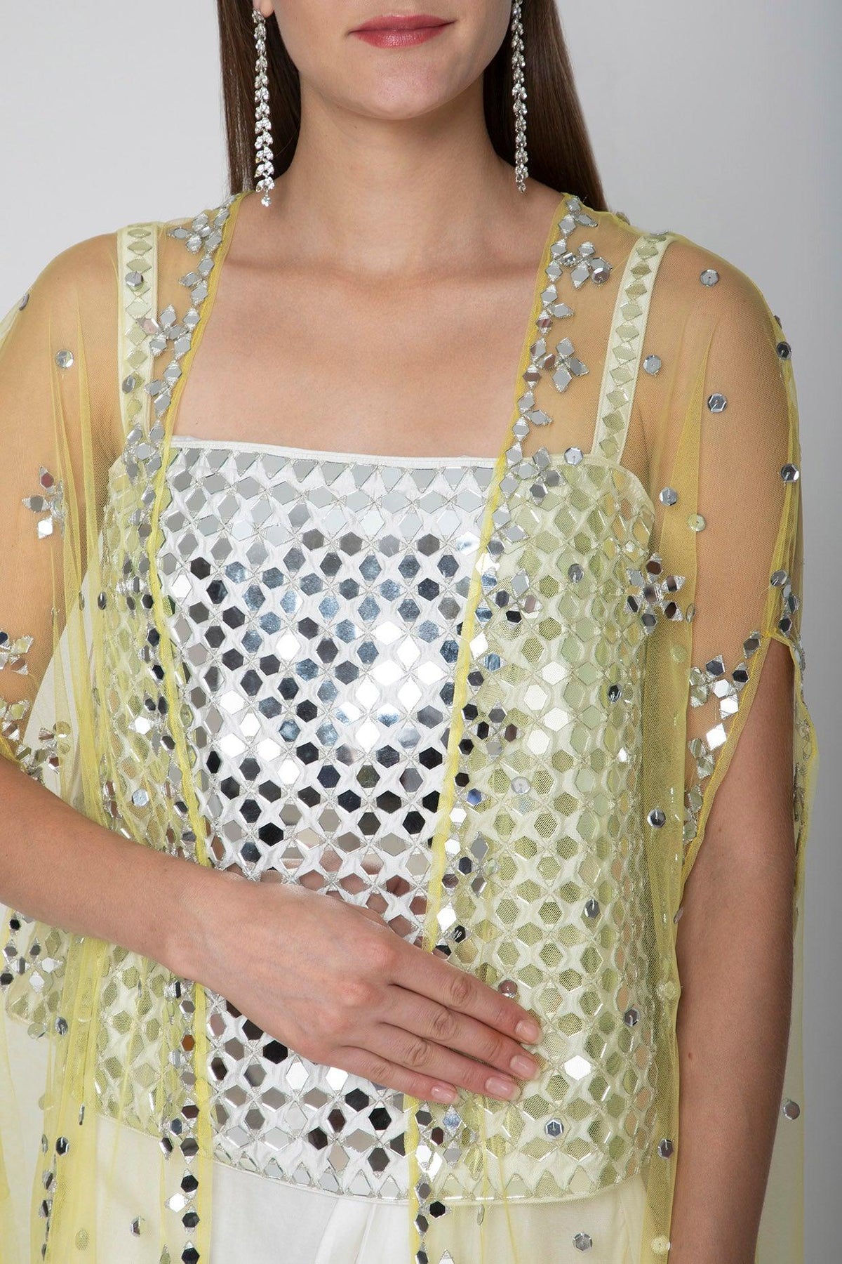 White Embroidered Blouse With Dhoti Skirt & Yellow Cape - Preeti s kapoor
