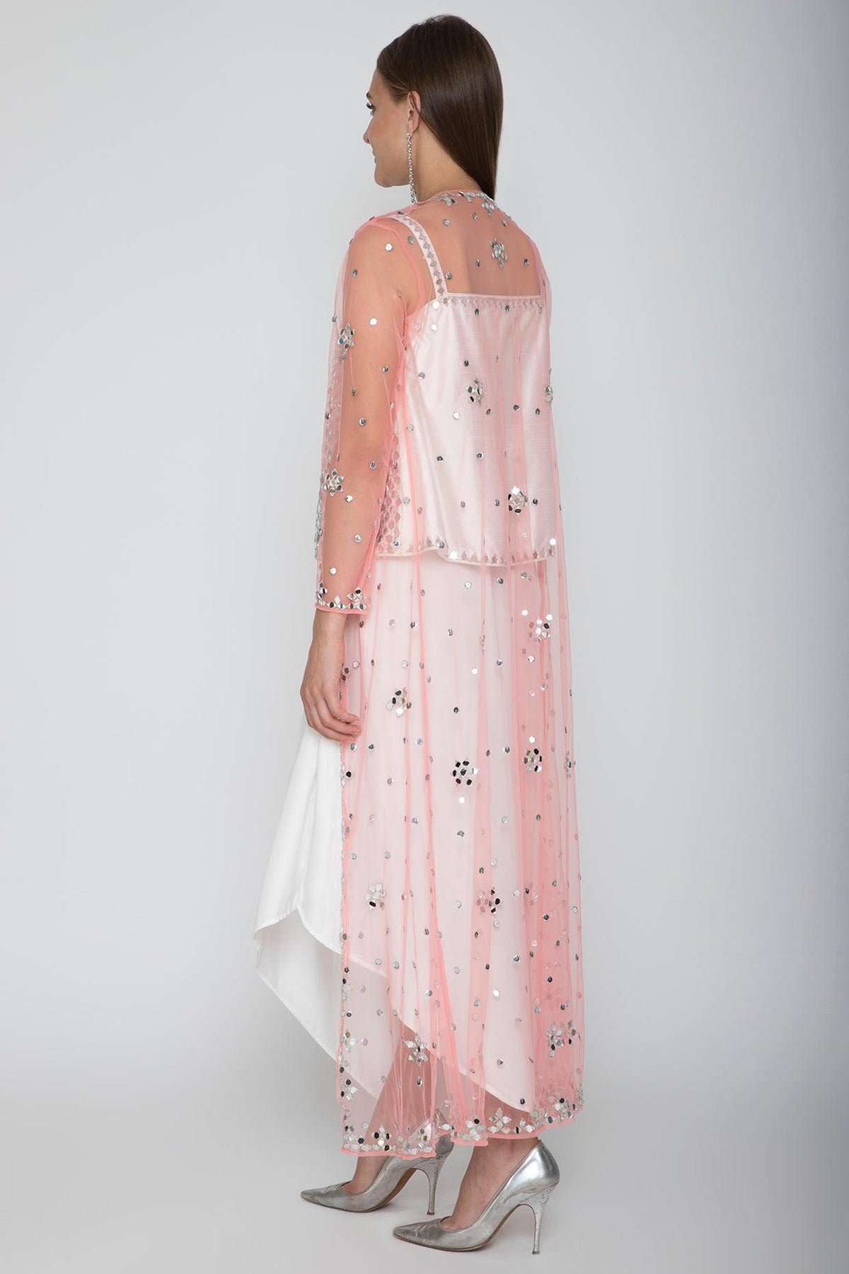 White Embroidered Blouse With Dhoti Skirt & Blush Pink Cape - Preeti s kapoor