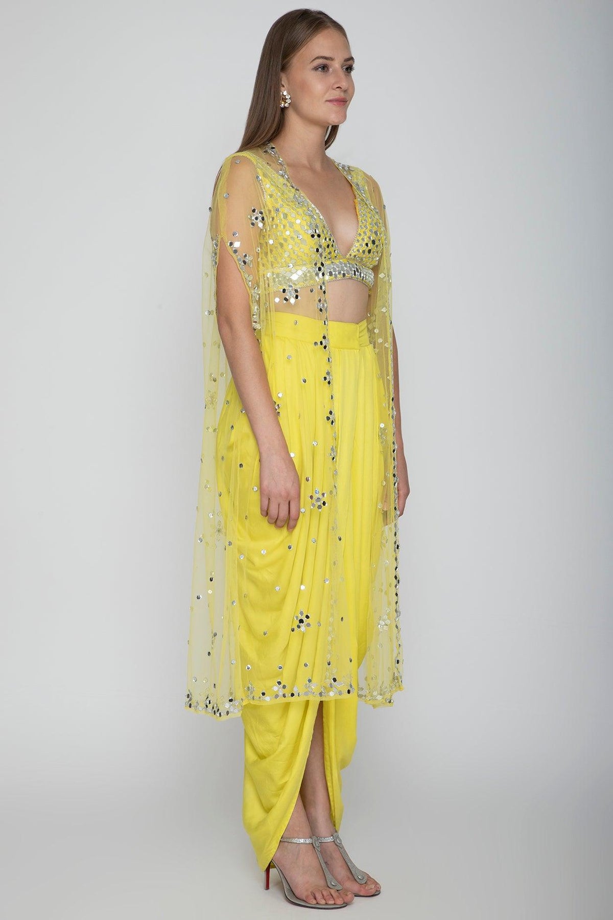 Yellow Embroidered Blouse With Dhoti Skirt & Cape - Preeti s kapoor